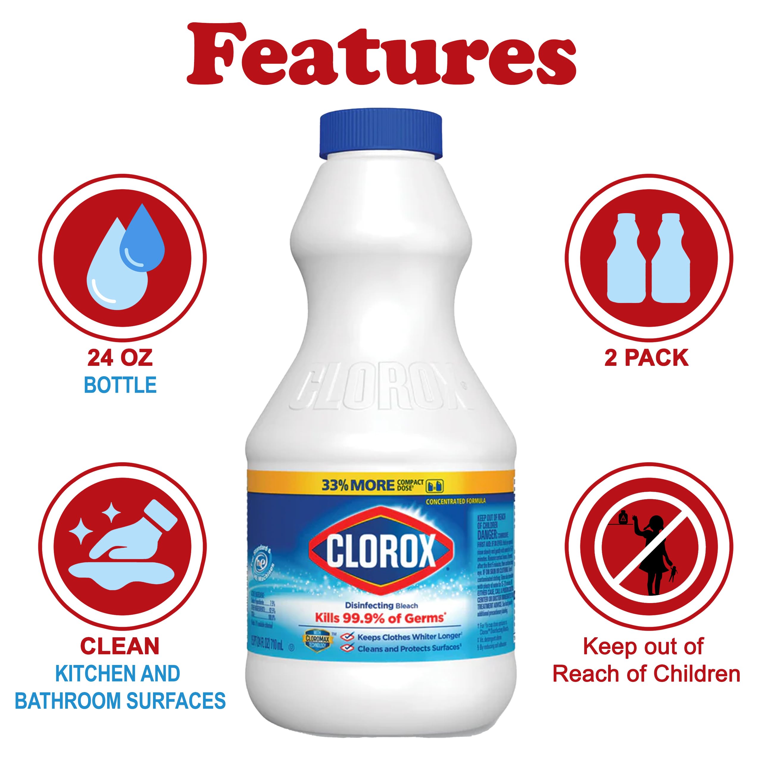 Buy now Clorox Regular Disinfecting Bleach Cleaner, 2 Pack Concentrated Liquid Bleach, Removes Mold, Mildew and Stains, Whitens, for Multi Purpose Cleaning and Laundry, 24 oz Bottles at indiglob india