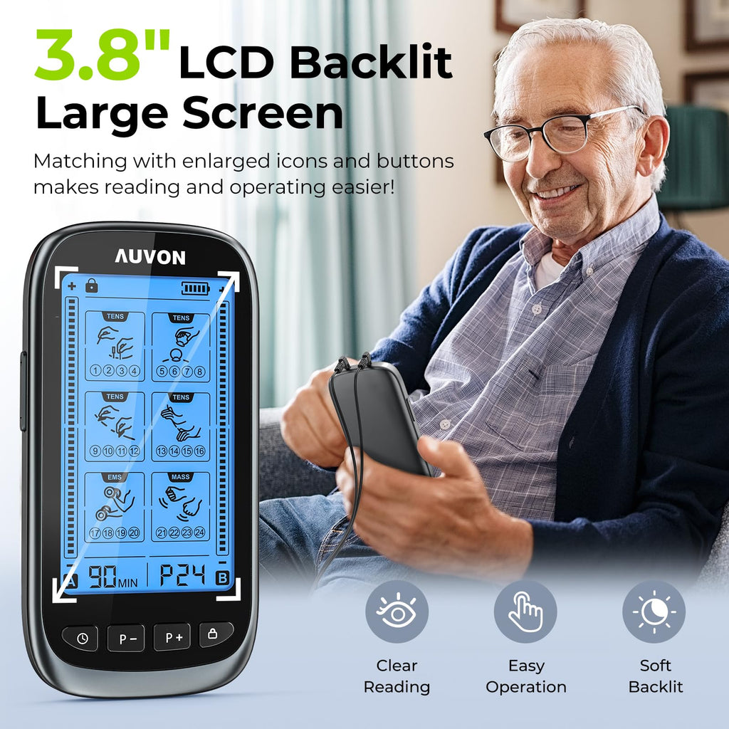 AUVON 3-in-1 TENS Unit Muscle Stimulator for Pain Relief, Large Screen