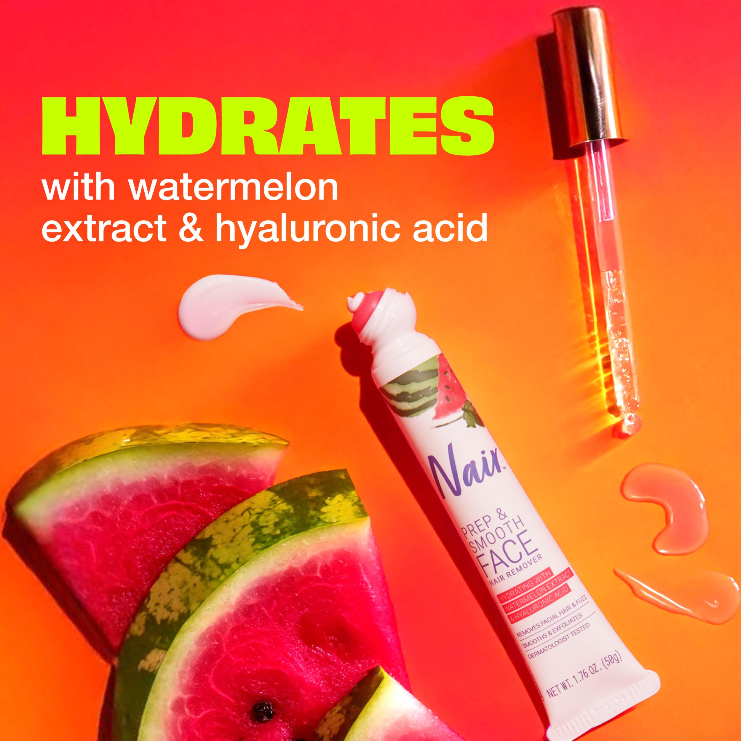 NAIR Prep & Smooth Face Exfoliating Depilatory Cream for Women - Effective Hair Removal for Smooth Skin with Hyaluronic Acid, 1.76 oz | Dermatologist-Tested, Hyaluronic Acid, Watermelon Extract, Face Fuzz Removal, Upper Lip, Chin & Cheek Hair Removal