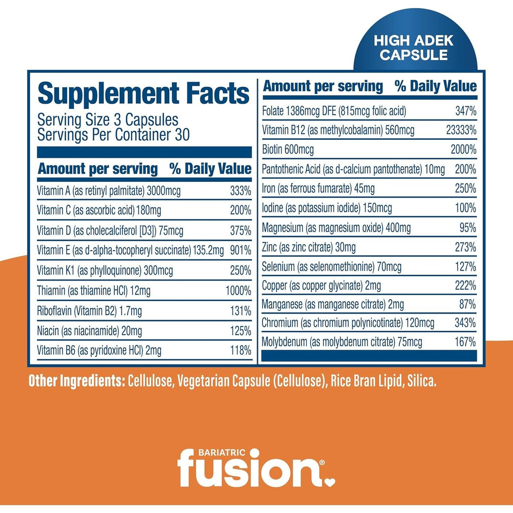 Buy now Bariatric Fusion High ADEK Multivitamin with Iron | Bariatric Multivitamin for Duodenal Switch | Easy to Swallow ADEK Vitamins Bariatric | 90 Capsules | One Month Supply at indiglob india