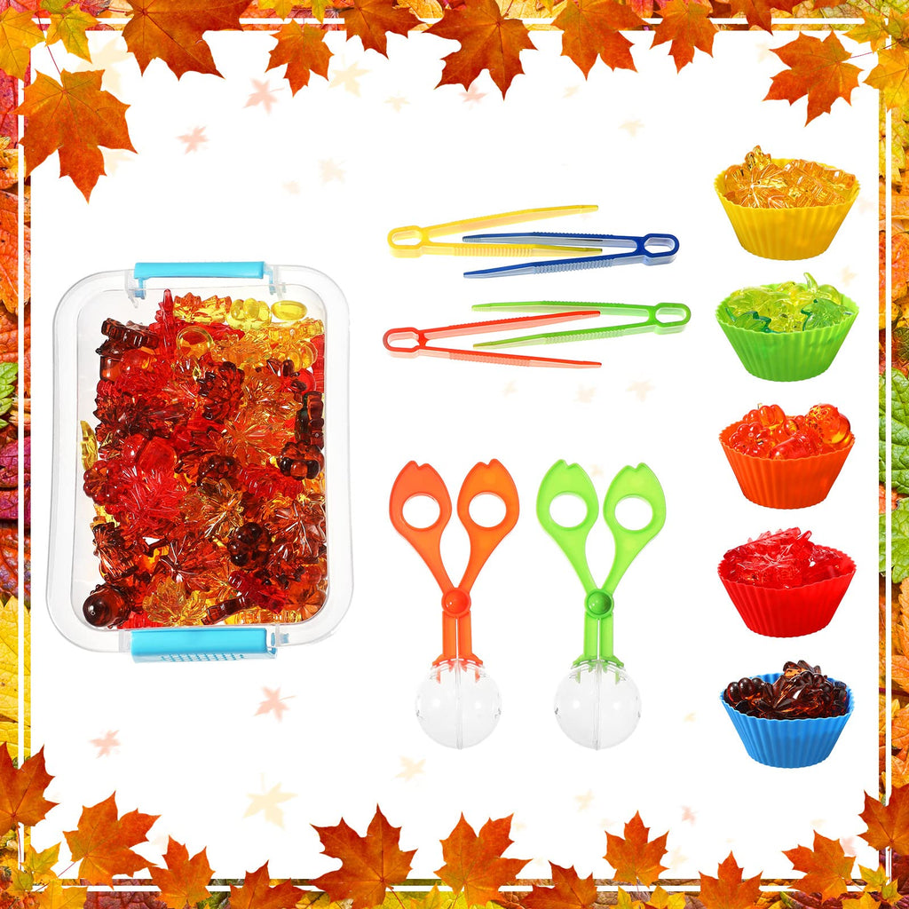147 Pcs Fine Motor Toys Counting Sorting Fall Decorations, Sensory Bin Filler, 135 Acrylic Fall Leaves Pumpkin 4 Tweezers 2 Scissors Clips 5 Cups Storage Box for Fall, Autumn Thanksgiving Decor