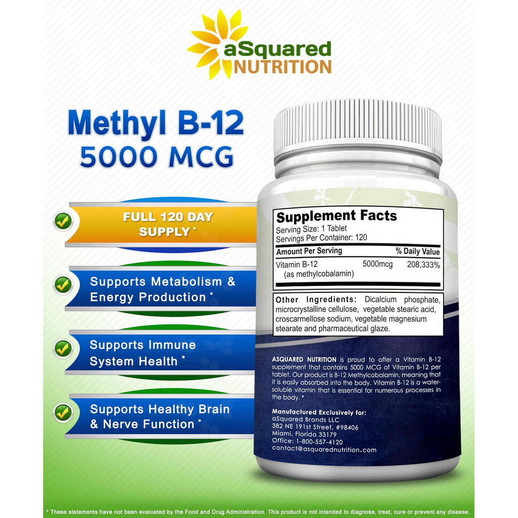 Vitamin B12 - 5000 MCG Supplement with Methylcobalamin (Methyl B-12) - 120 | Max Strength B12 Vitamins - 120 Tablets - Methylated Vit B 12 Support for Men & Women - Help Boost Energy & Brain Health
