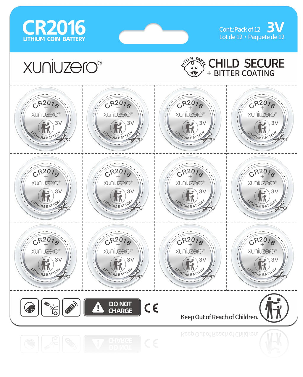 CR2016 3v Coin battery12 Pack for Child Safety, Compatible with Remotes, Key Fobs, Glucose Monitors - 7 Years Shelf Life