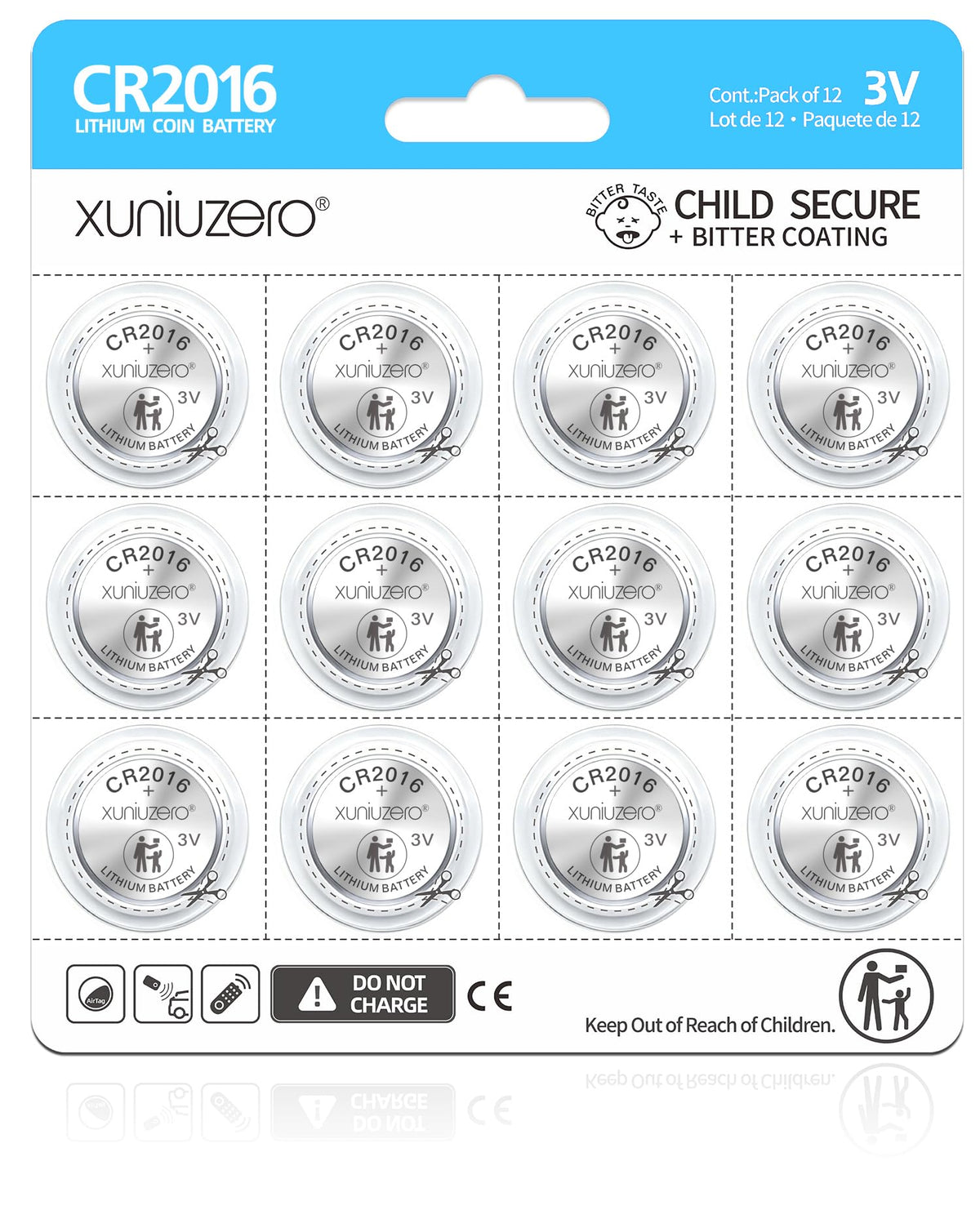 CR2016 3v Coin battery12 Pack for Child Safety, Compatible with Remotes, Key Fobs, Glucose Monitors - 7 Years Shelf Life
