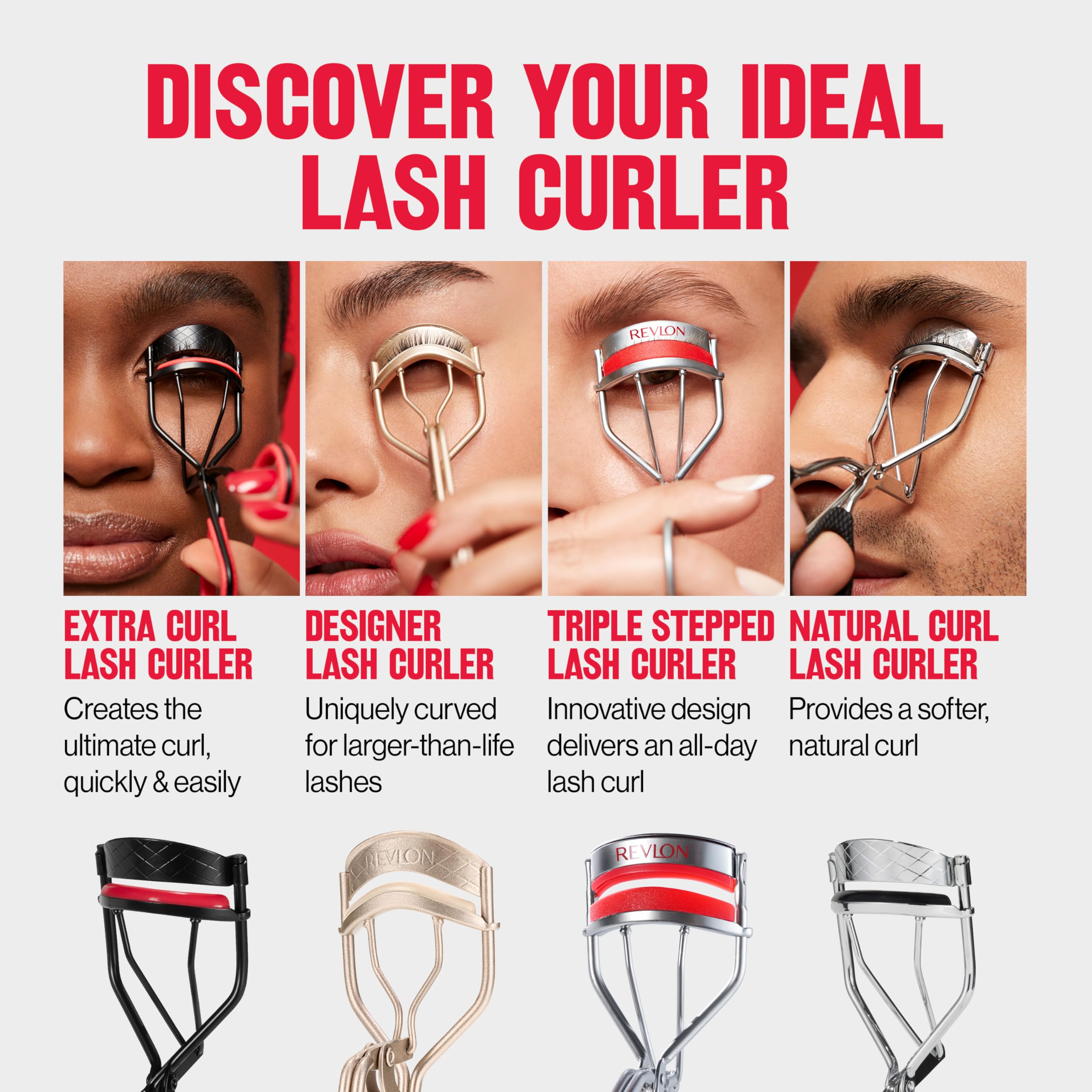Buy now Revlon Triple-Stepped Lash Curler, Eyelash Lift For a Super-Curled Look in One Squeeze, 3-Tiered Pads for Gentle, Tug-Free Curling, 1 Count at indiglob india