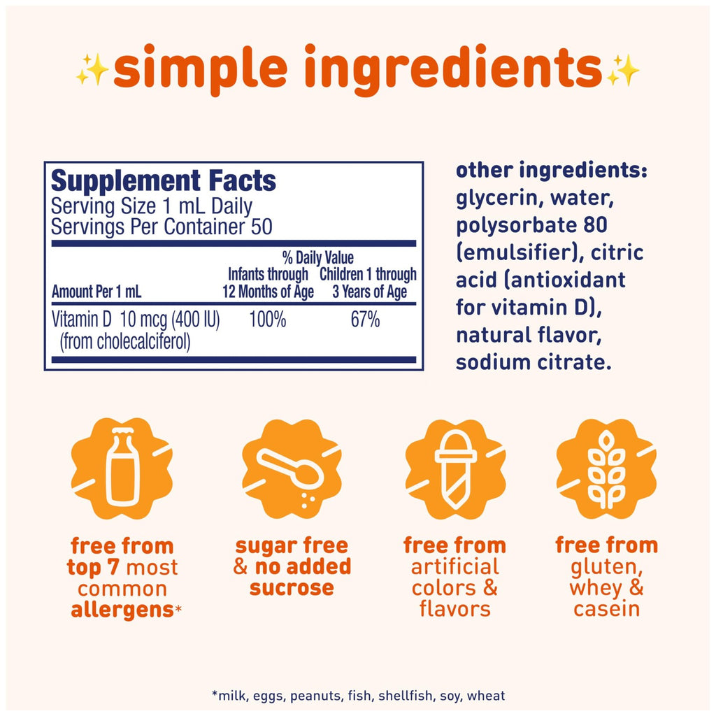 Enfamil Baby Vitamin D-Vi-Sol Liquid Supplement Drops for Infants, Supporting Strong Teeth & Bones in Newborn Babies, Easy-to-Use, Gluten-Free, 50 Day Supply, Dropper Bottle