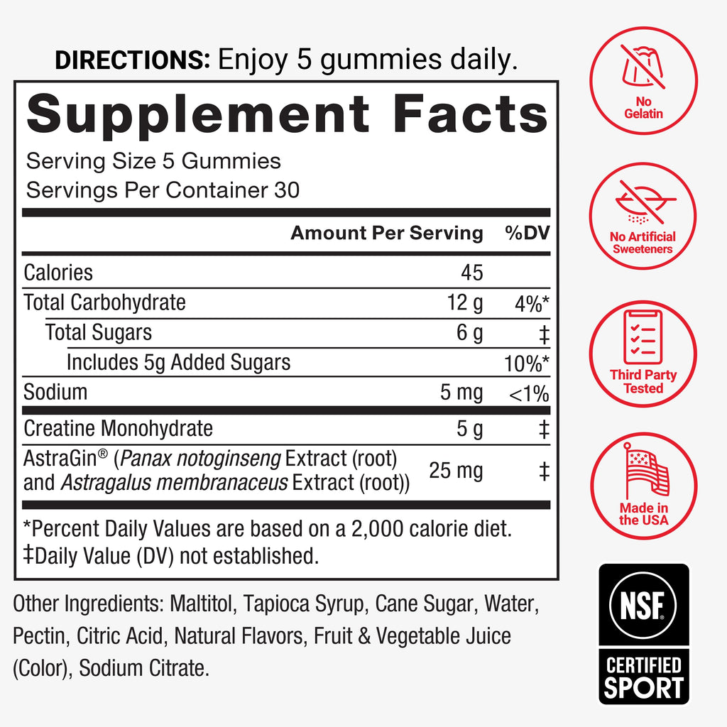 Force Factor Creatine Monohydrate Gummies, NSF Certified | 5g Dose for Men & Women to Support Muscle, Strength, Recovery, Cognitive Health & Memory, Mixed Berry, 150 Gummies