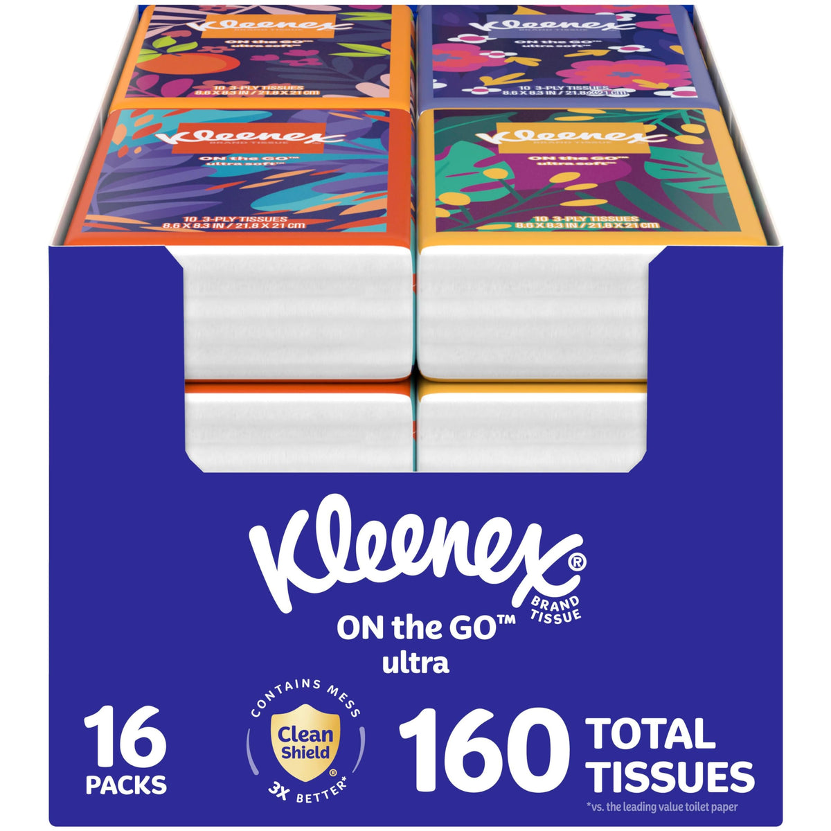 Kleenex On-The-Go Facial Tissues, 16 On-The-Go Packs, 10 per Box, 3-Ply (160 Total), Packaging May Vary