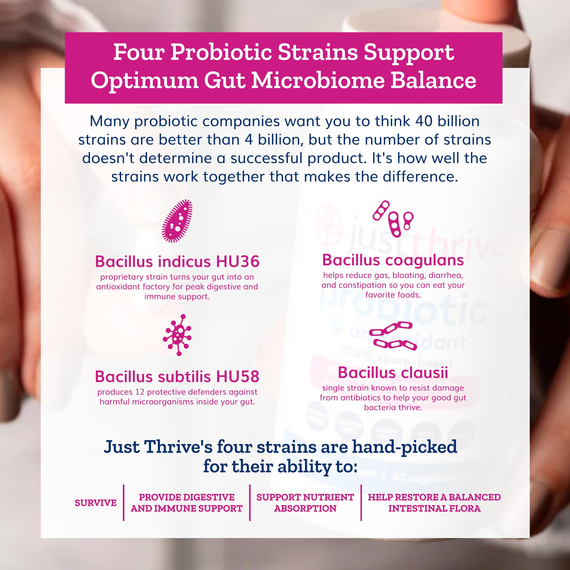 Just Thrive Probiotic & Antioxidant 100% Spore-Based Digestive Support | 30 capsules, 100% spore-based probiotic and antioxidant formula, Gluten free, Supports digestive and immune health