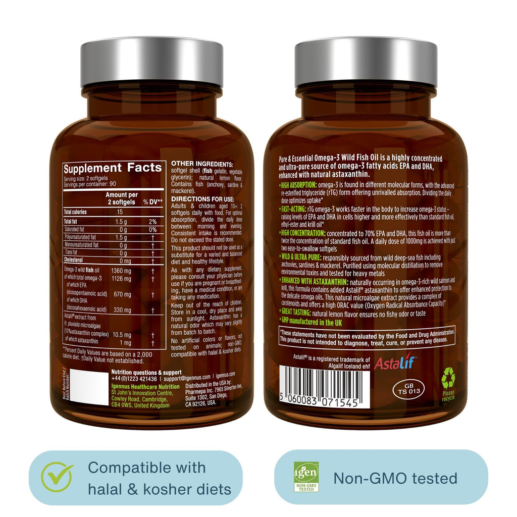 Igennus Ultra Pure Omega 3 rTG Wild Fish Oil 1360mg, 180 Softgels | IFOS-certified EPA DHA 1000mg,ultra-pure high-absorption omega-3 with astaxanthin, non-GMO, 90 servings