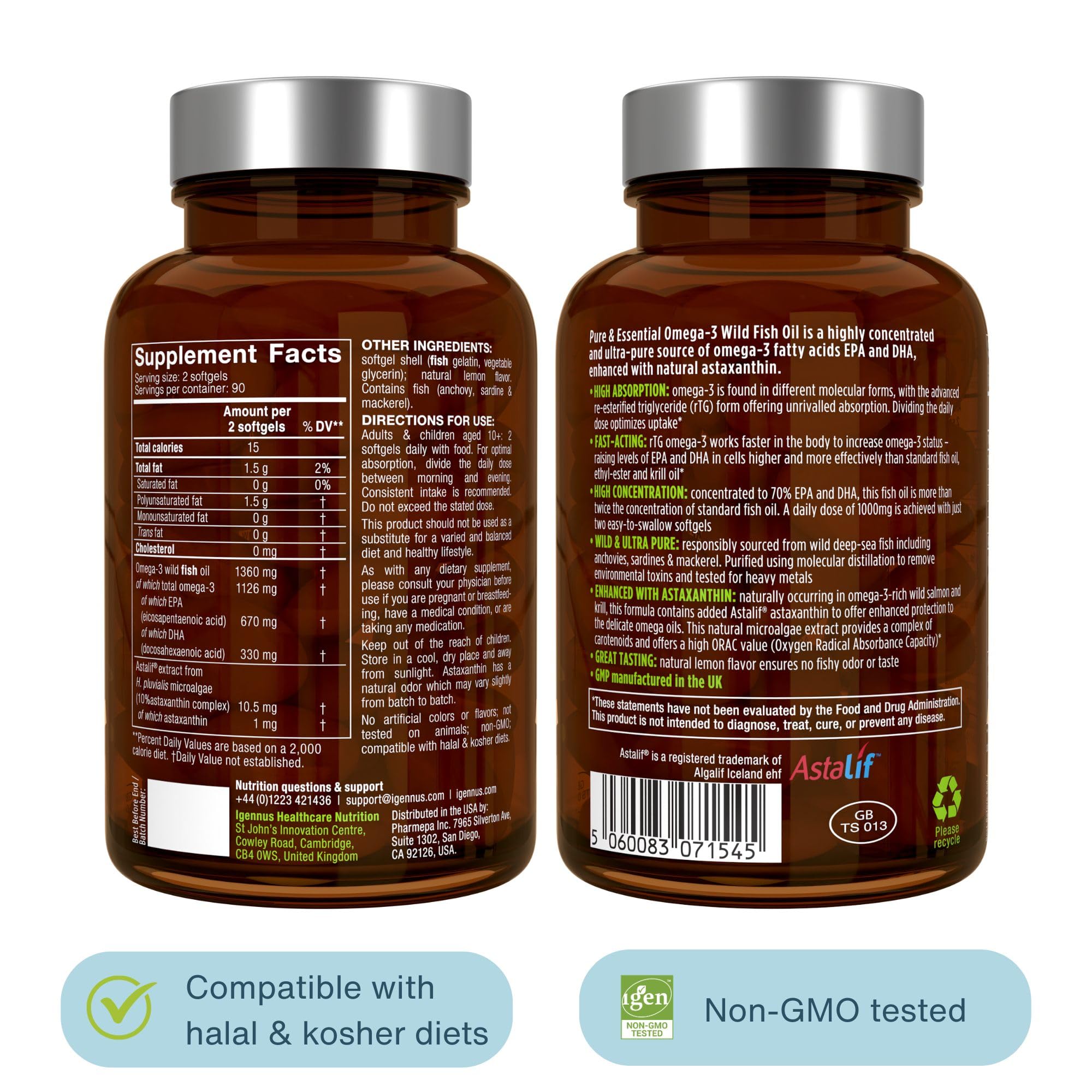 Igennus Ultra Pure Omega 3 rTG Wild Fish Oil 1360mg, 180 Softgels | IFOS-certified EPA DHA 1000mg,ultra-pure high-absorption omega-3 with astaxanthin, non-GMO, 90 servings