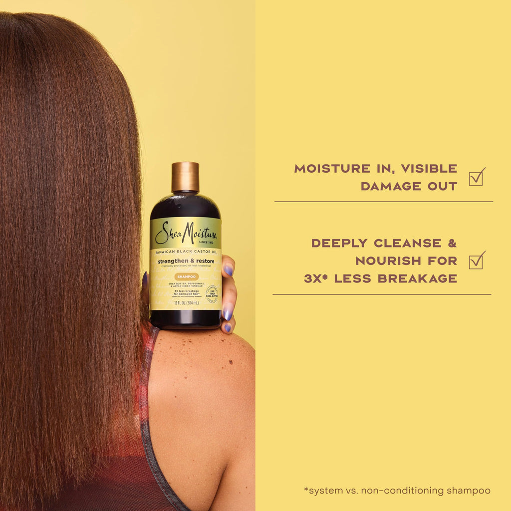 Shea Moisture Strengthen and Restore Shampoo for Damaged Hair 100% Pure Jamaican Black Castor Oil Cleanse and Nourish 13 oz | For damaged hair - remove build up, strengthen, and restore hair with Shea Butter, Peppermint, and Apple Cider Vinegar.