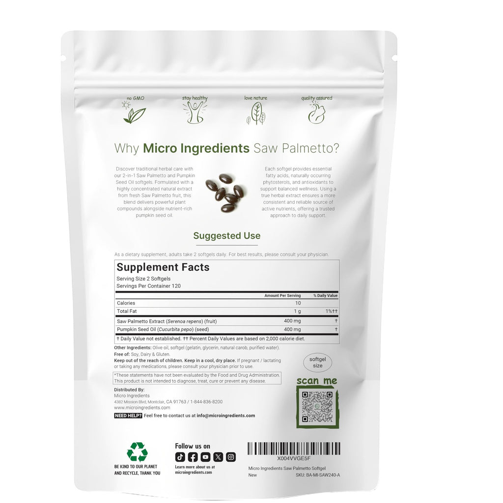 Micro Ingredients Saw Palmetto with Pumpkin Seed Oil for Men, 240 Softgels| Cold-Pressed Extract | Virgin Oil Formula | Rich in Essential Fatty Acids & Phytosterols | Non-GMO, Gluten & Soy Free
