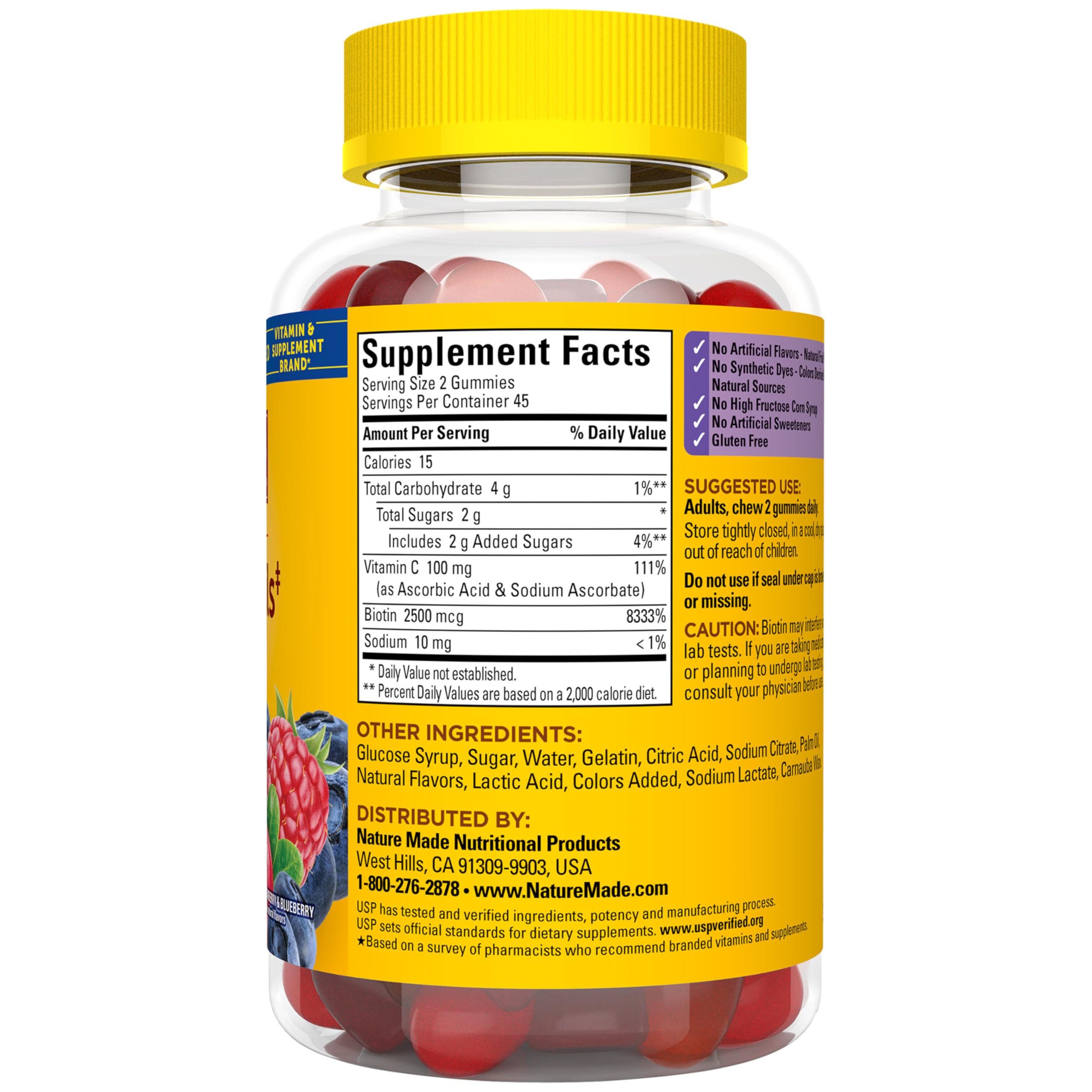 Nature Made Hair Skin and Nails with Biotin 2500 mcg, 90 Gummies | Dietary Supplement for Healthy Hair, Skin & Nails Support, Vitamin C Helps Make Collagen for Healthy Skin, 45 Day Supply