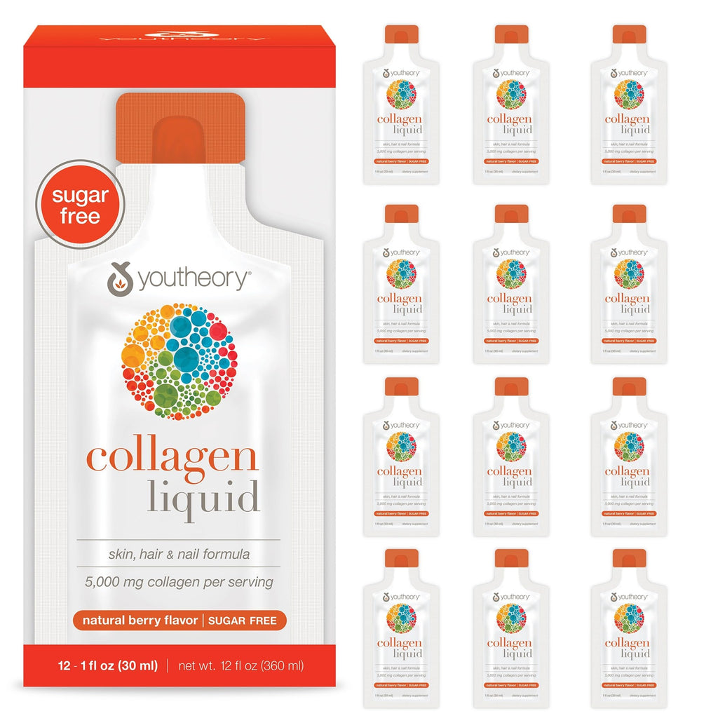 Youtheory Collagen Liquid, 5,000 mg, Berry Flavor, 1 oz, Pack of 12 | Hydrolyzed Collagen Peptides, Supports Hair Growth, Nail, and Joint Health*, Ready-to-Drink, Easy Absorption