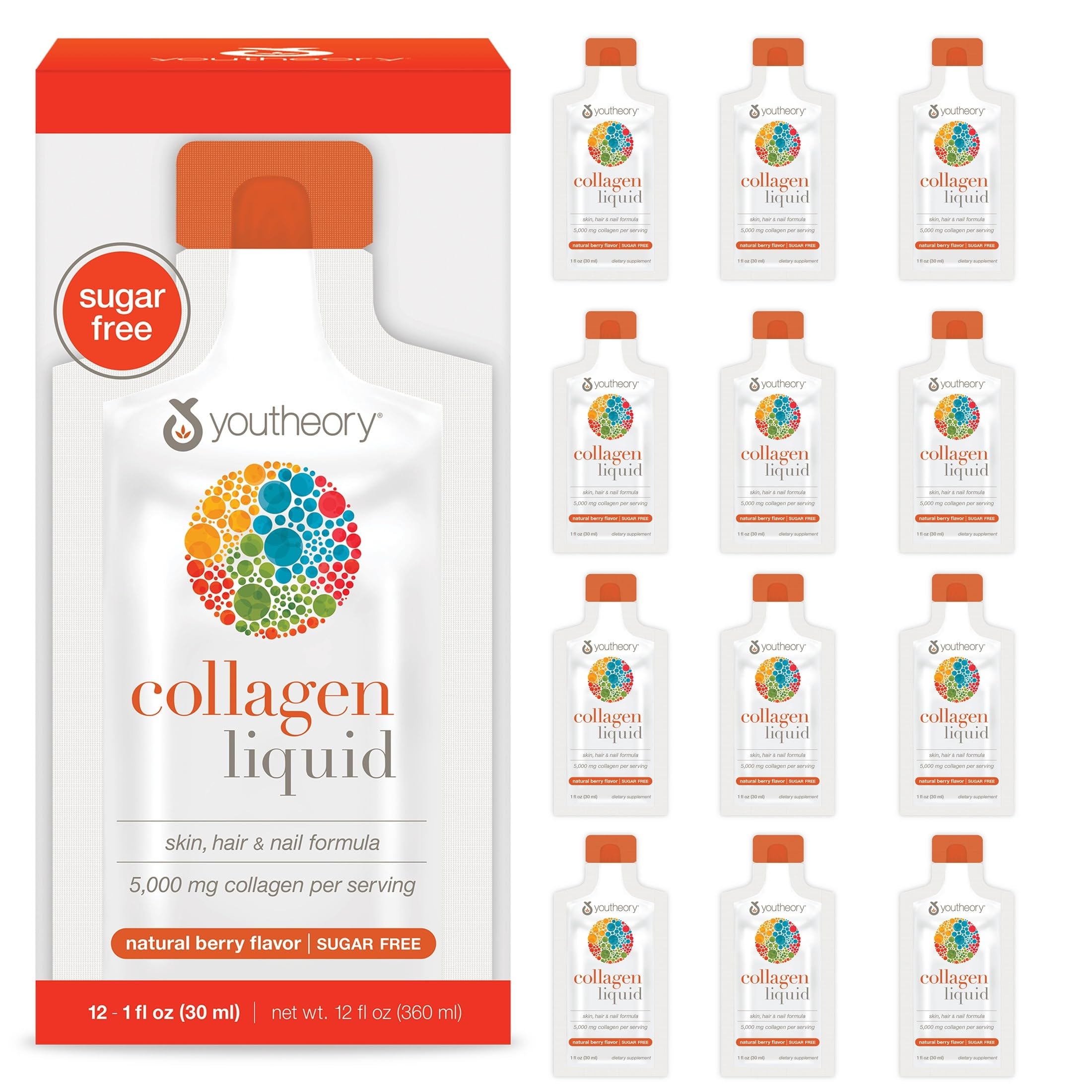 Youtheory Collagen Liquid, 5,000 mg, Berry Flavor, 1 oz, Pack of 12 | Hydrolyzed Collagen Peptides, Supports Hair Growth, Nail, and Joint Health*, Ready-to-Drink, Easy Absorption