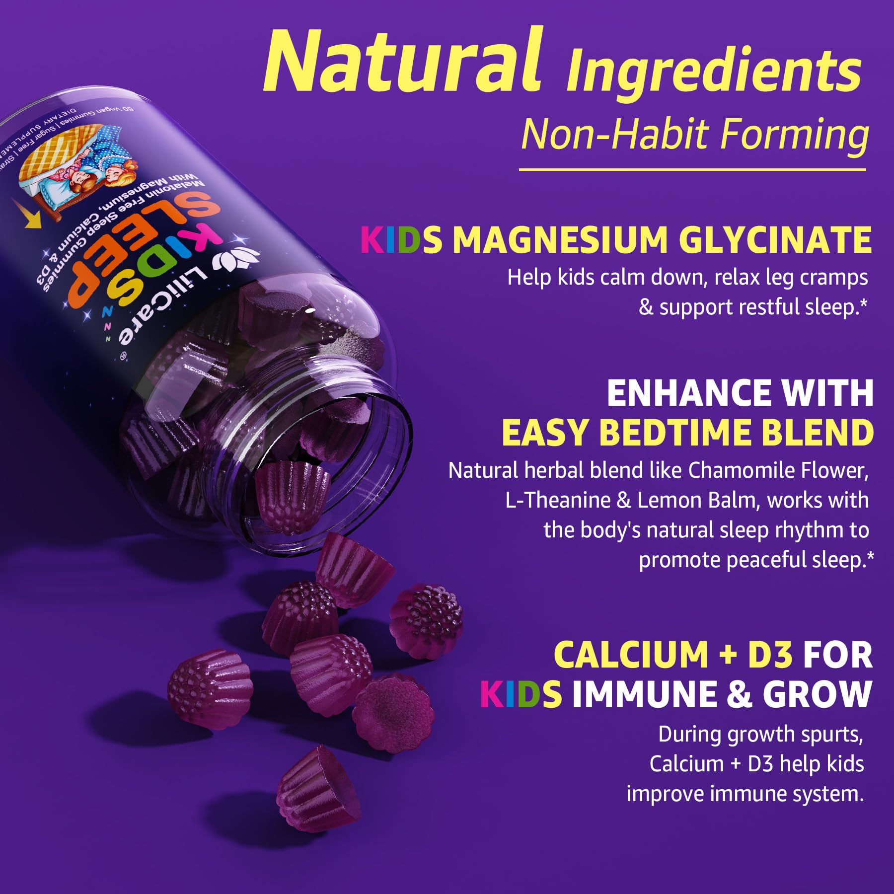 Kids Sleep Gummies - Magnesium Glycinate Gummies, Melatonin Free Sleep Aid | Magnesium, Calcium, D3, B6, L Theanine | Kid Melatonin Alternative for Restful Sleep (Pack of 1)