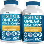 PrimeMD 4-in-1 Fish Oil Omega-3 with D3 K2 CoQ10, Lemon, 120 Softgels | Heart, Brain and Joint Support, Omega 3 with Vitamin D3, K2 and CoQ10, Lemon Flavored Softgels, Fish Oil Supplement
