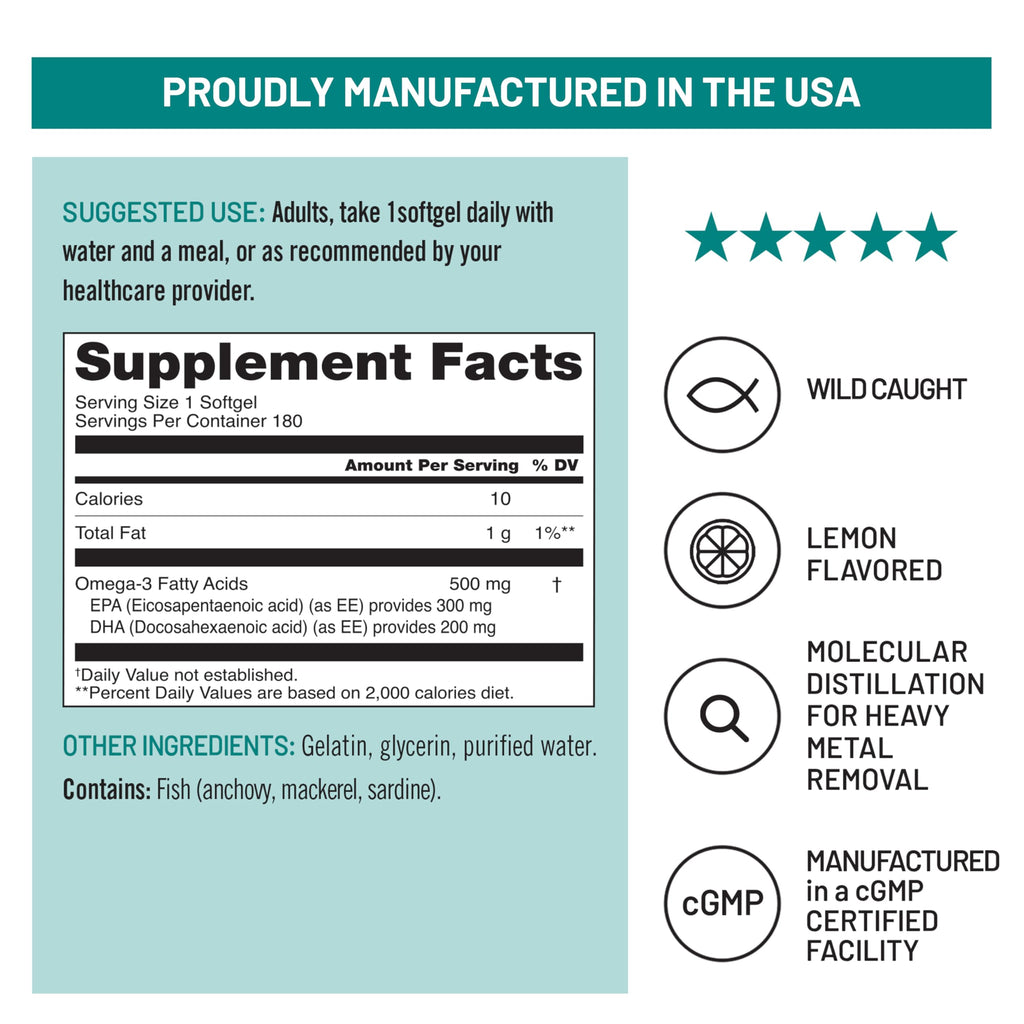 NatureWise Omega 3 Fish Oil - 500mg Omega 3 per Serving - 300mg EPA & 200mg DHA - Sustainably Sourced for Purity - Lemon Flavored - Burpless - Gluten & Soy Free, Non-GMO - 180 Softgels[6-Month Supply]