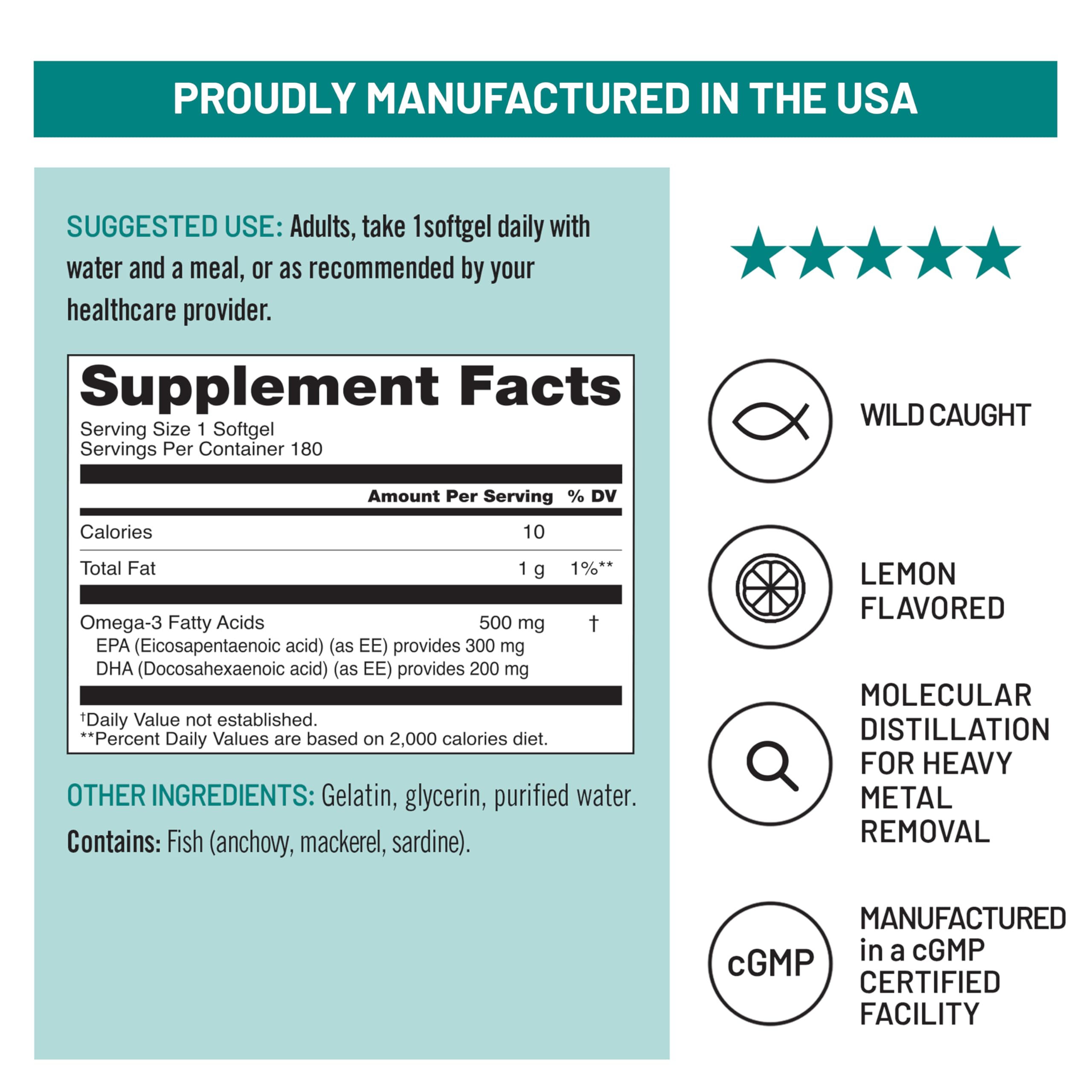 NatureWise Omega 3 Fish Oil - 500mg Omega 3 per Serving - 300mg EPA & 200mg DHA - Sustainably Sourced for Purity - Lemon Flavored - Burpless - Gluten & Soy Free, Non-GMO - 180 Softgels[6-Month Supply]