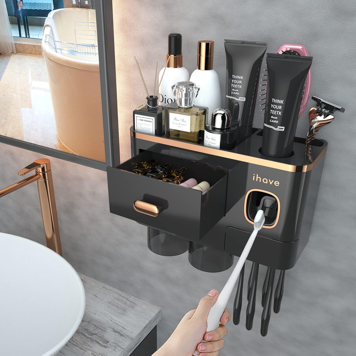 Buy now iHave Toothbrush Holders for Bathrooms, 4 Cups Toothbrush Holder Wall Mounted with Toothpaste Dispenser - Large Capacity Tray, 2 Cosmetic Drawer - Bathroom Organizer & Bathroom Accessories Set 2 cup Black Gold at indiglob india