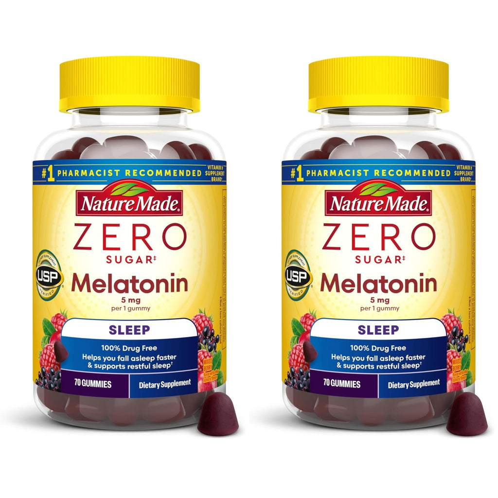 Nature Made Zero Sugar Melatonin 5mg Sleeping Gummies for Adults Extra Strength,100% Drug & Aspartame Free,70 Sugar-Free Melatonin Gummies,70 Day Supply,(Pack of 2)