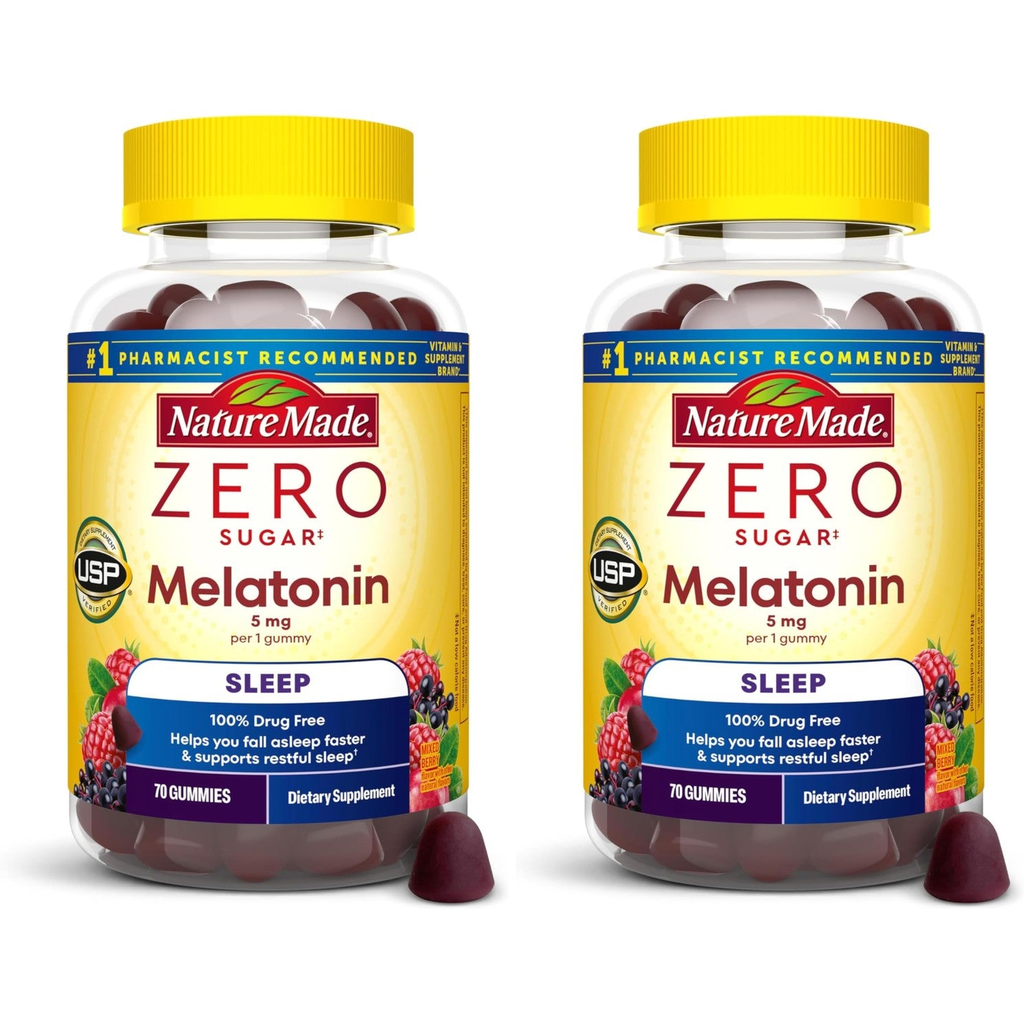Nature Made Zero Sugar Melatonin 5mg Sleeping Gummies for Adults Extra Strength,100% Drug & Aspartame Free,70 Sugar-Free Melatonin Gummies,70 Day Supply,(Pack of 2)