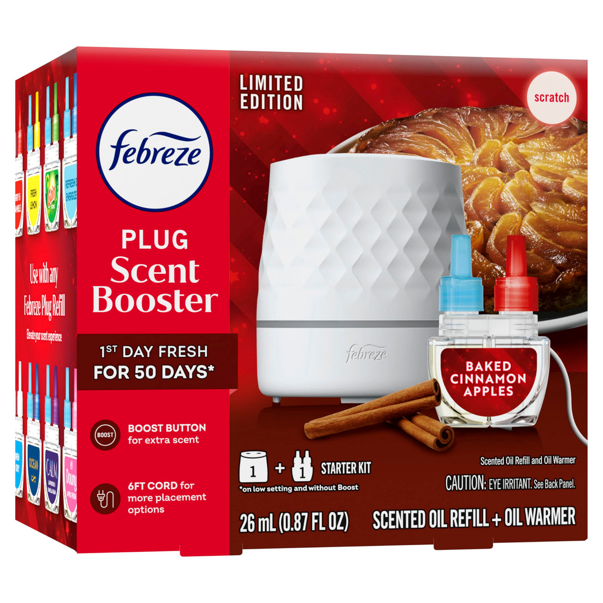 Febreze Plug Scent Booster Starter Kit, Oil Diffuser, Air Freshener Plug in, Continuous Scent, 2 Devices + 2 Baked Cinnamon Apple Refill