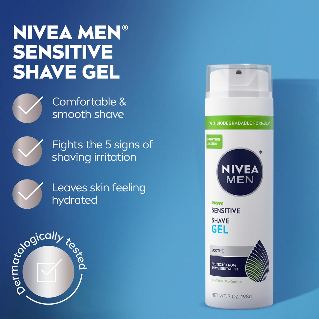 NIVEA MEN Sensitive Shave Gel, No Drying Alcohol, Mulitpack, 3 x 7 OZ | Shaving Gel for Men with Sensitive Skin, Enriched with VitaminPro Complex, No Drying Alcohol, Dermatologically Tested