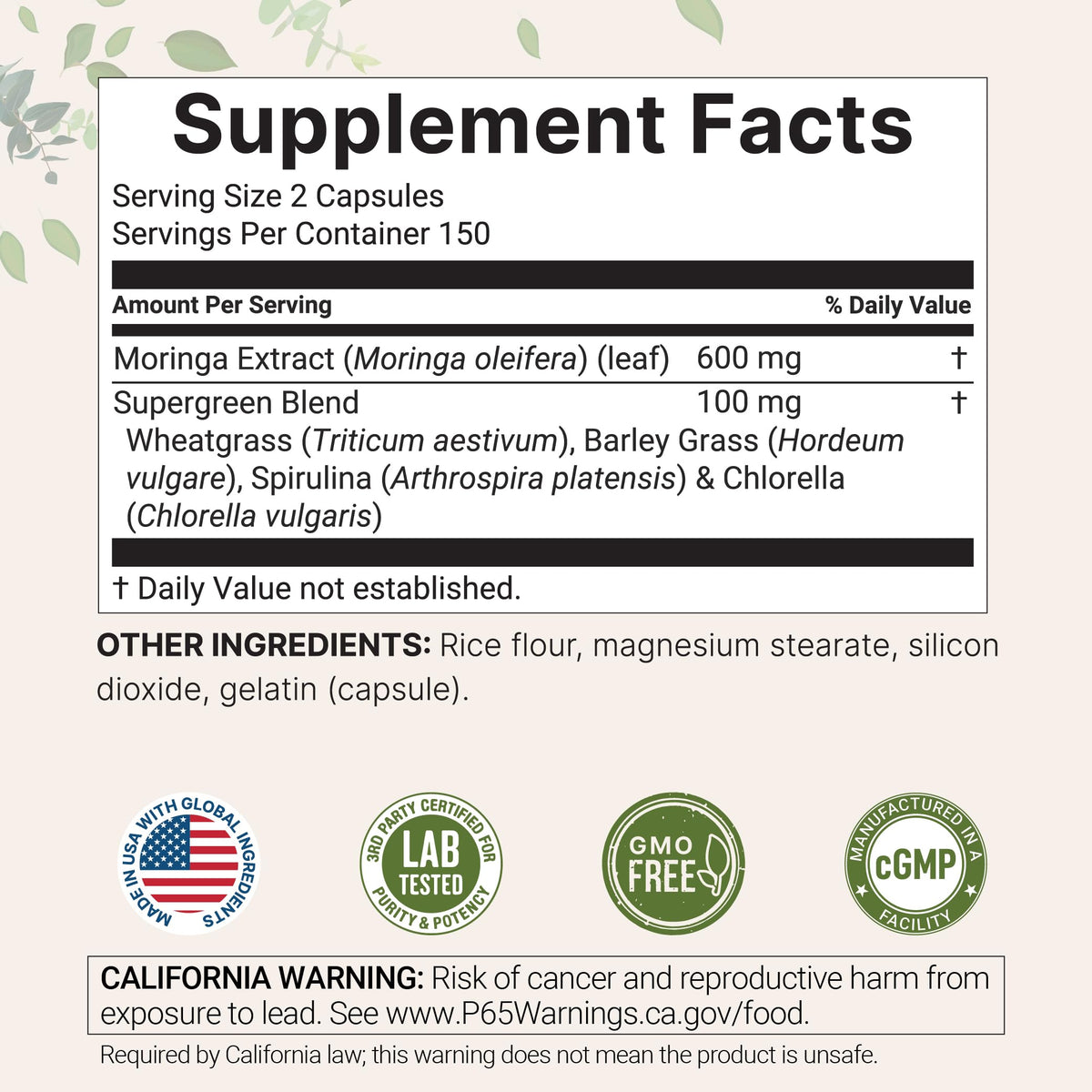 Micro Ingredients Moringa Oleifera | 300 Capsules with Supergreens Blend of Wheatgrass, Barley Grass, Spirulina, & Chlorella | Antioxidant Supplement, Energy, & Immune Support | Non-GMO