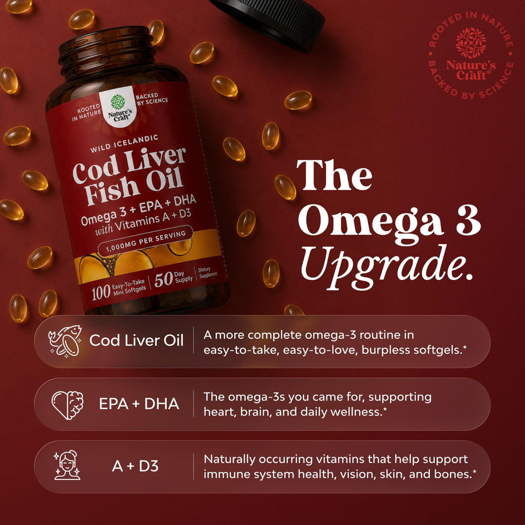 Icelandic Cod Liver Oil Softgels - Omega 3 Fish Oil with Vitamin A - 100 Ct | Wild Caught - Paired with EPA , DHA & D3 - Healthy Heart, Brain & Immune Support - 1000 mg Per Serving - 50 Burpless Servings