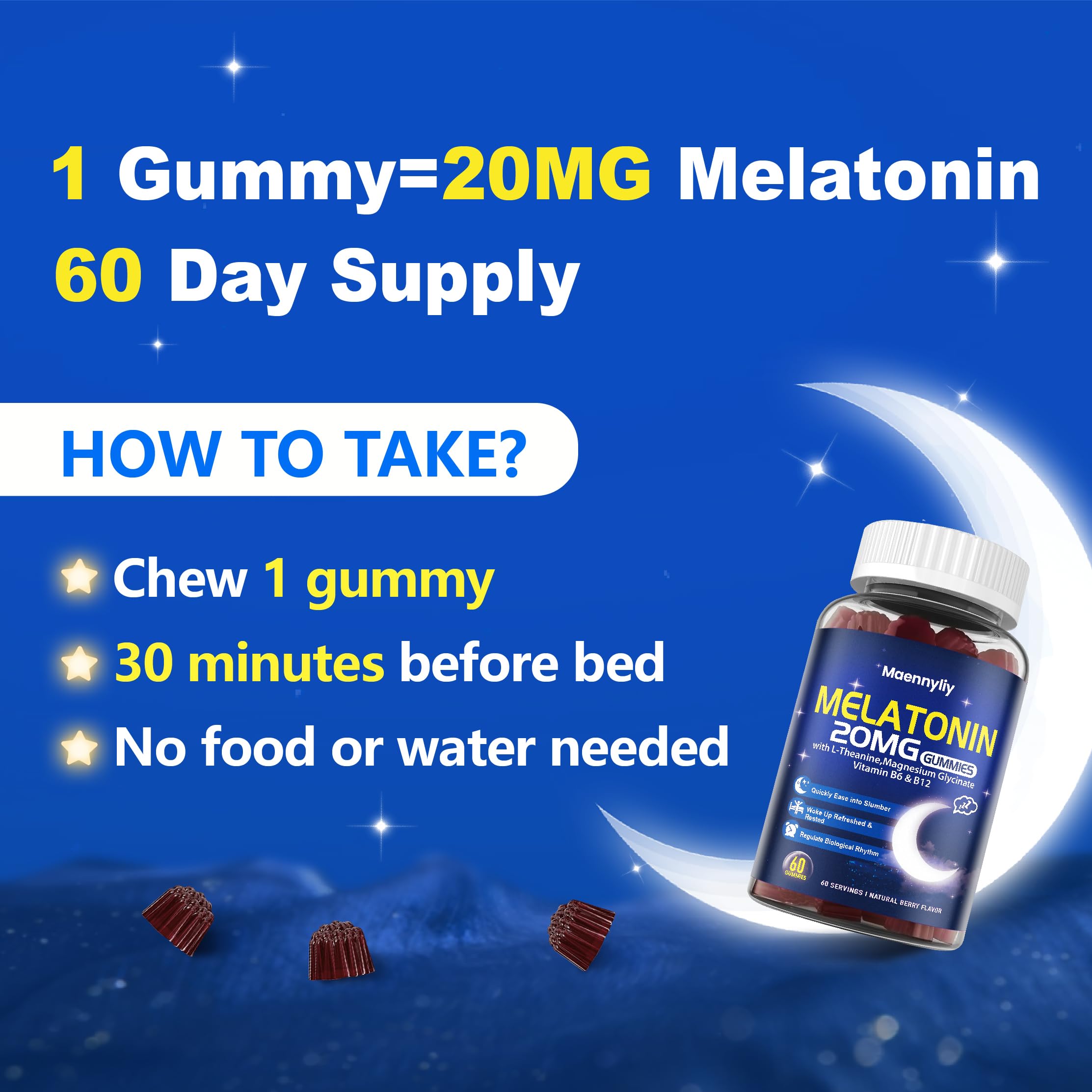 Maennyliy Melatonin 20mg Gummies for Adults - Sugar Free Melatonin Gummies | Extra Strength with L-Theanine, Magnesium, Ashwagandha, Turmeric, D3 & Zinc - Non-Habit Forming, Vegan, Non-GMO, 120 Gummies