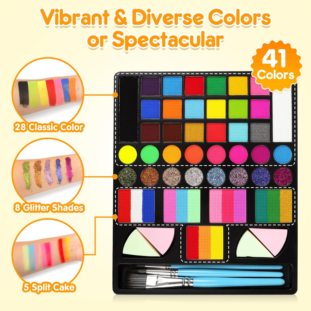 Mocoosy 41 Color Face Painting Kit for Kids, Non-Toxic Water Activated Face Paint Palette With Stencils, Brushes, Gem, Professional Facepainting Kit for Halloween Makeup, Cosplay Party, Carnival