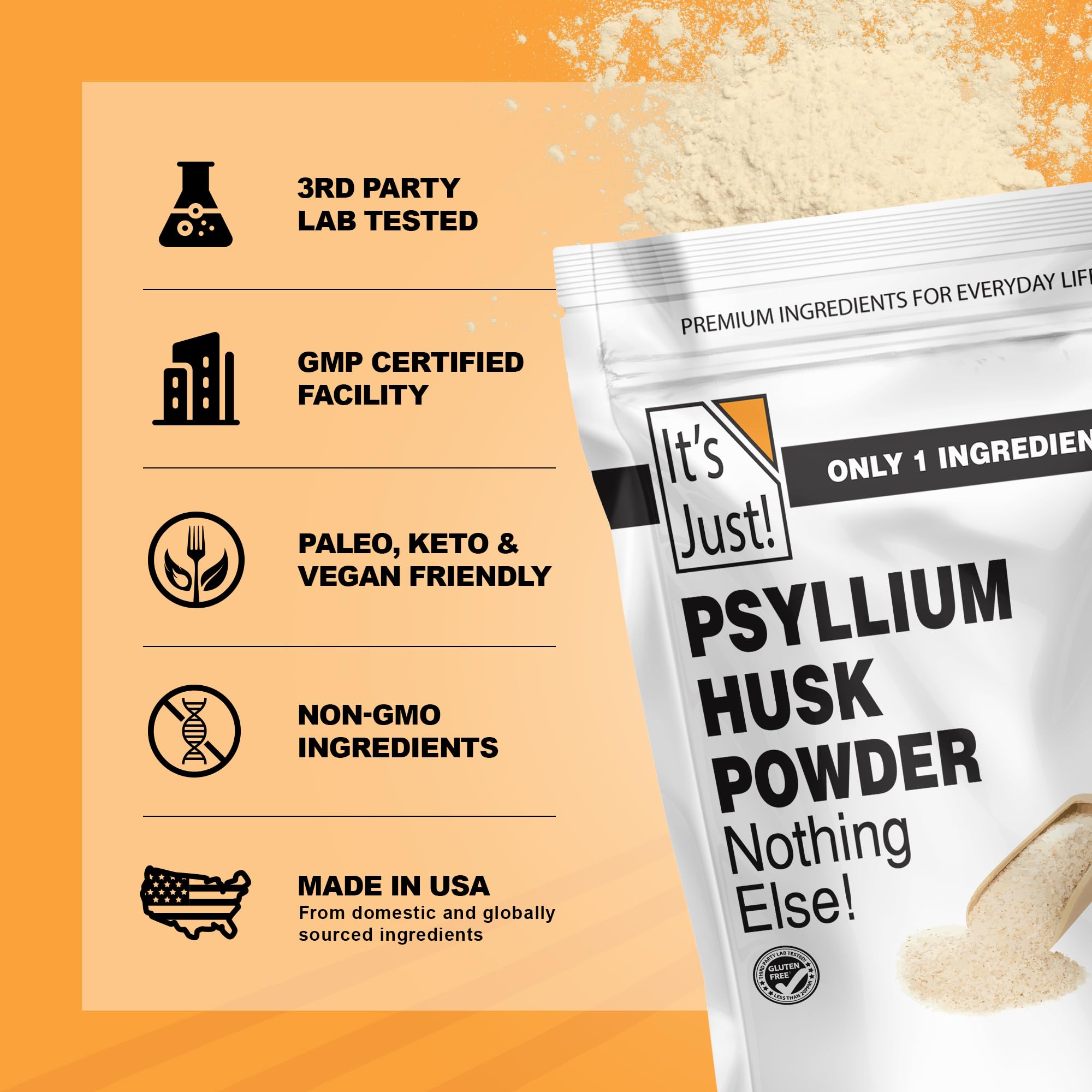 It's Just! - Psyllium Husk Powder, GLP-1 Friendly, Easy Mixing Dietary Fiber, Cleanse Your Digestive System, Finely Ground Powder, Ideal for Keto Baking, Non-GMO (Unflavored, 10oz (Pack of 1))