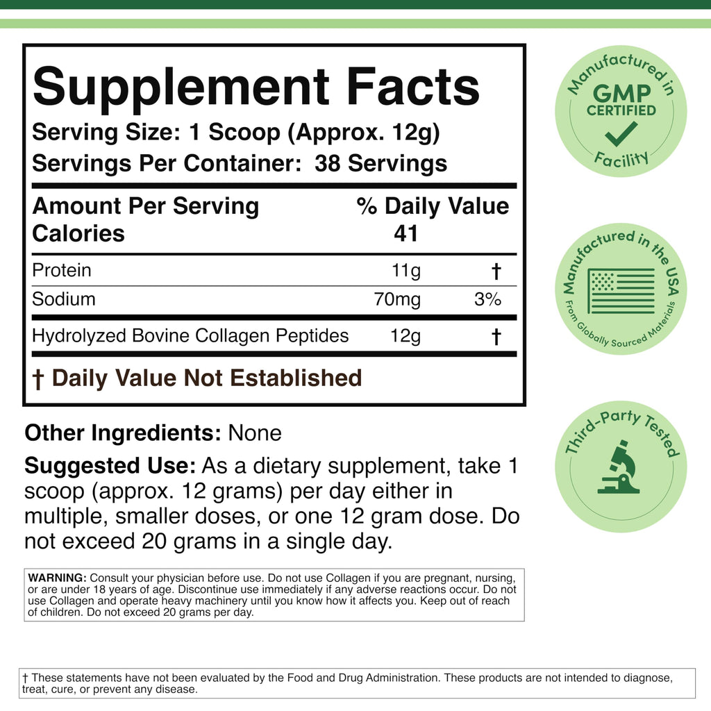Collagen Peptides Powder, Type I, II + III, Skin, Hair + Joint, 16 oz | Skin, Hair, Nail + Joint Supplement, Types I, II + III, 11g Protein + 0g Carbs (Keto), Grass-Fed, Truly Unflavored