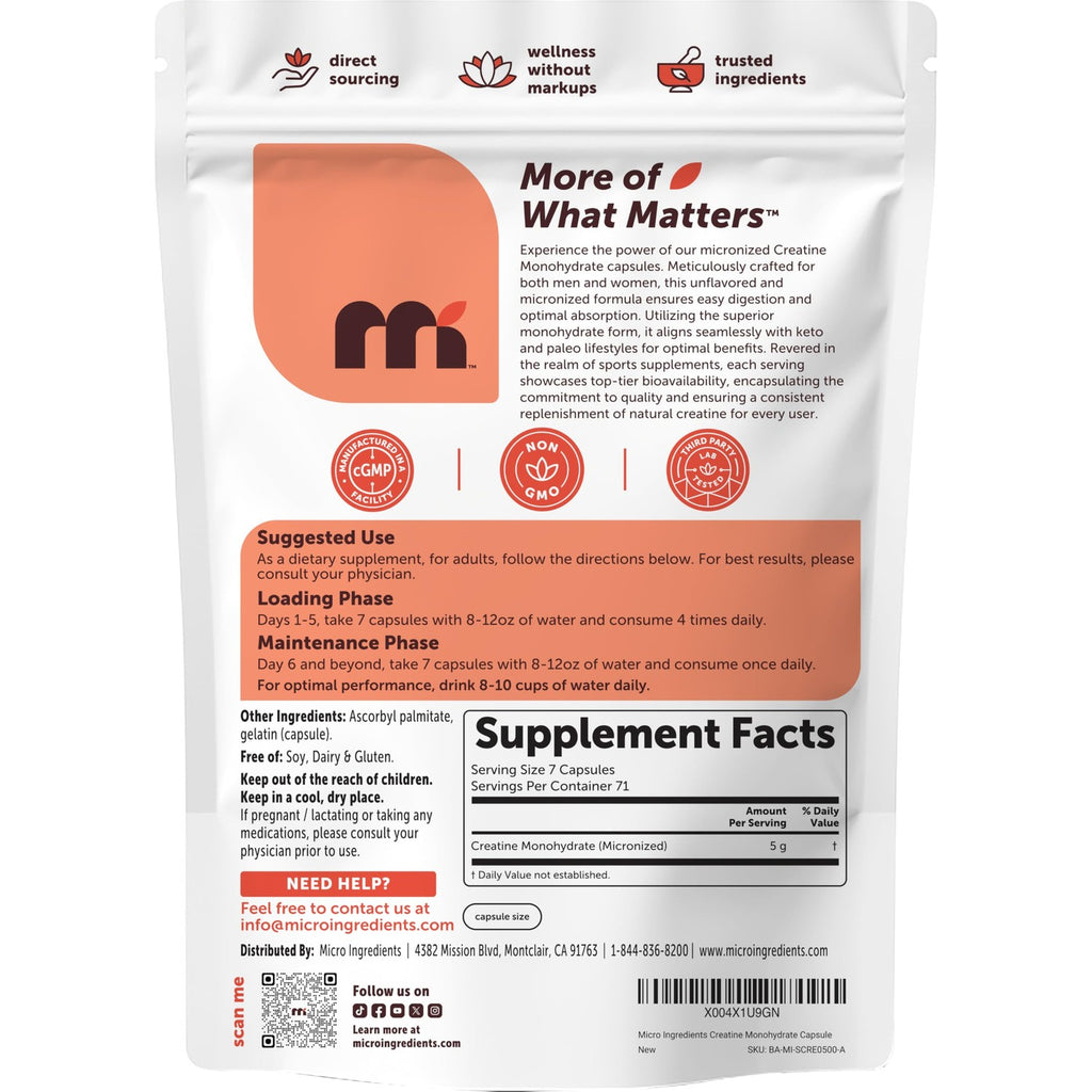 Creatine Monohydrate 5,000mg, 500 Capsules | Pure Creatine Pills – Micronized + Unflavored Powder Source, Easy Absorption | Keto, Non-GMO