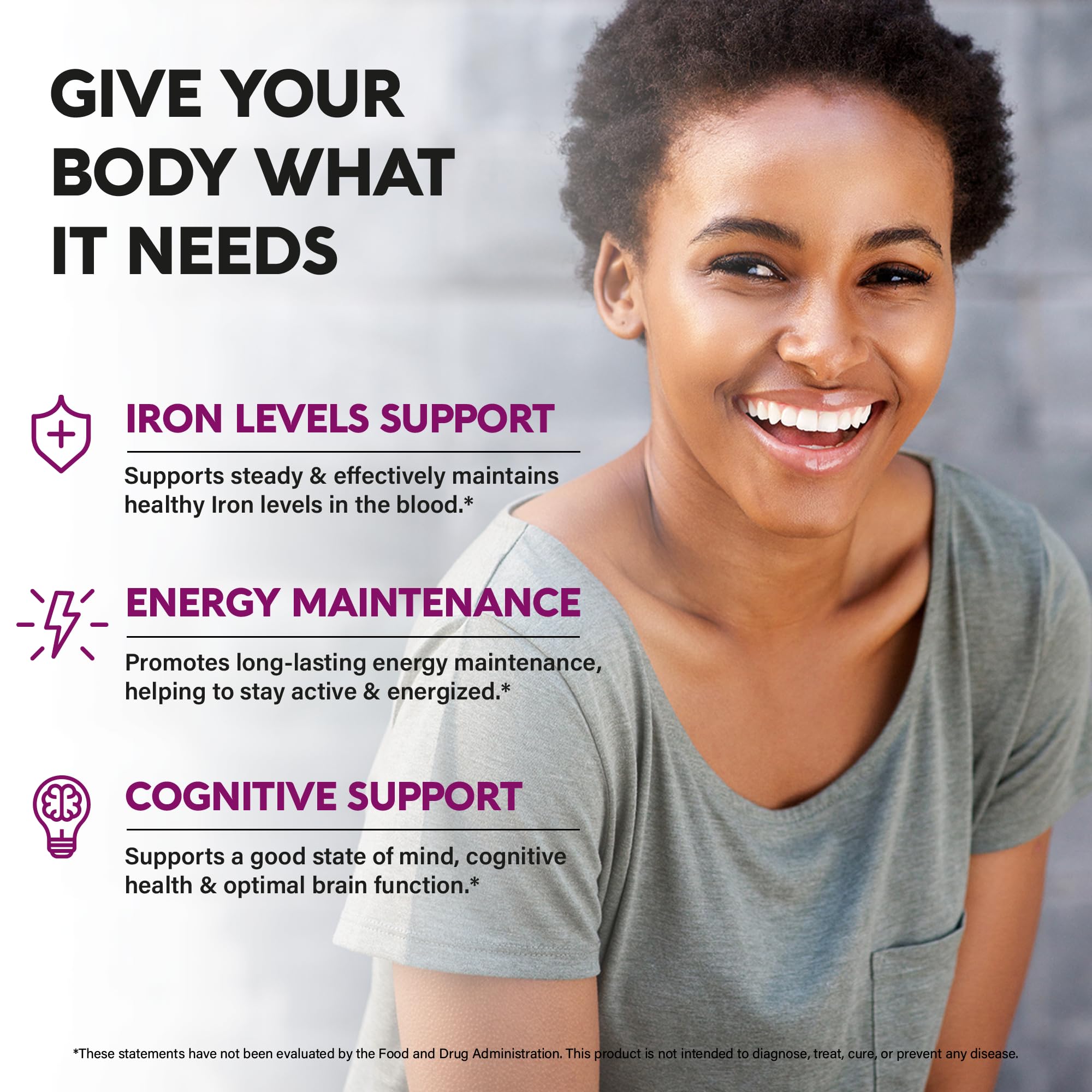 Iron Supplement for Women - Iron 65mg (Ferrous Sulfate 325mg) - 60 Caps | Iron Level & Energy Support - Vitamins C, D3, B6, B12 & Folate - Stomach Friendly, Slow Release, Bioavailable - 60-Day Supply
