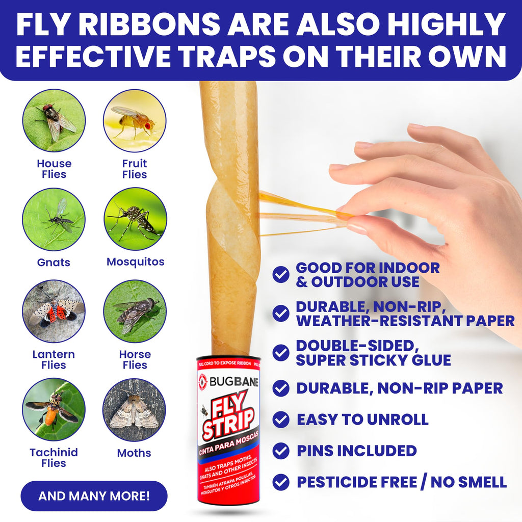 2 Fly Traps Outdoor Fly Trap for Patio with 4 Non-Toxic Dissolvable Bait Refills and 12 Sticky Ribbons. Reusable Hanging Bug Catcher Killer for All Filth Flies for Outside Bug Control Yard Ranch