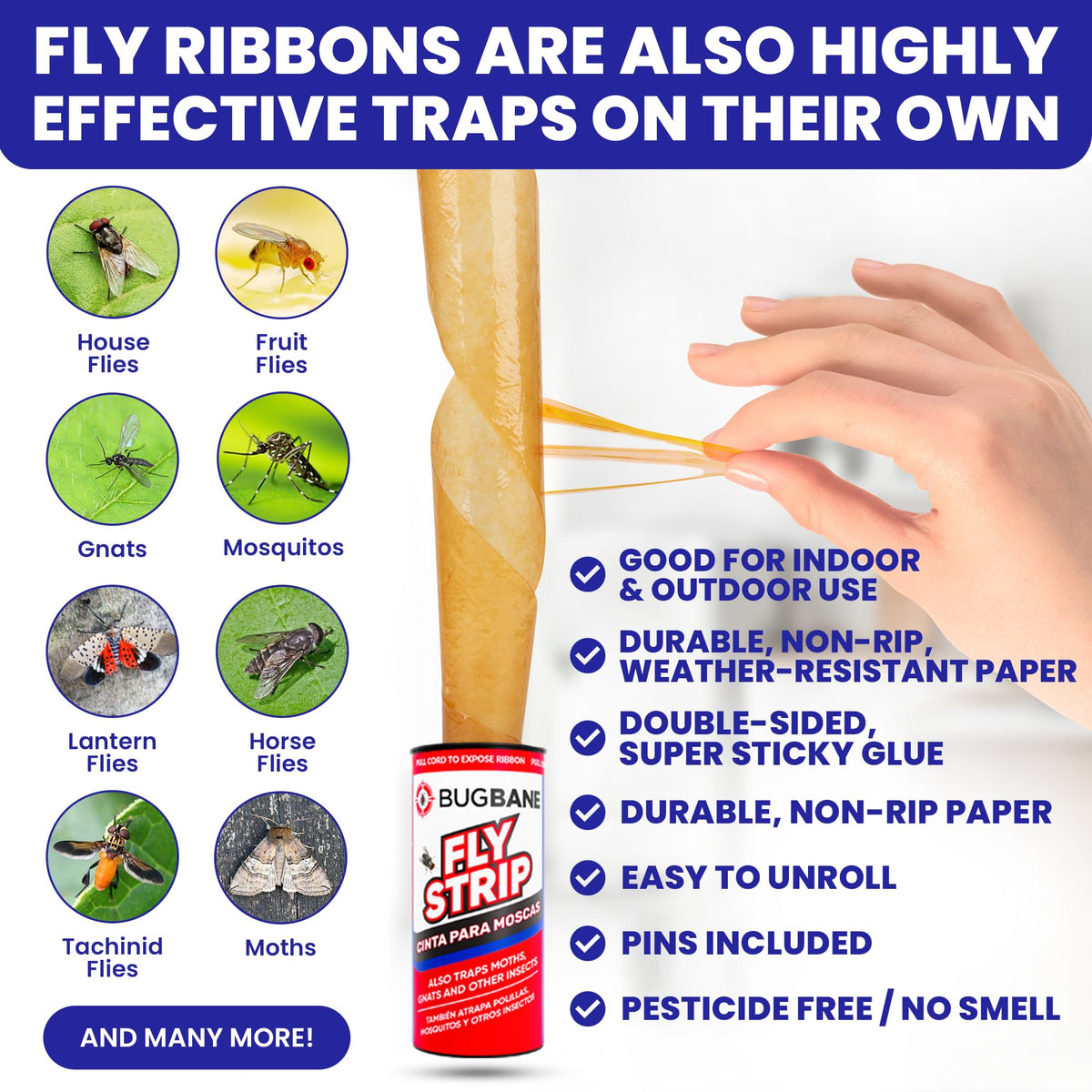 2 Fly Traps Outdoor Fly Trap for Patio with 4 Non-Toxic Dissolvable Bait Refills and 12 Sticky Ribbons. Reusable Hanging Bug Catcher Killer for All Filth Flies for Outside Bug Control Yard Ranch
