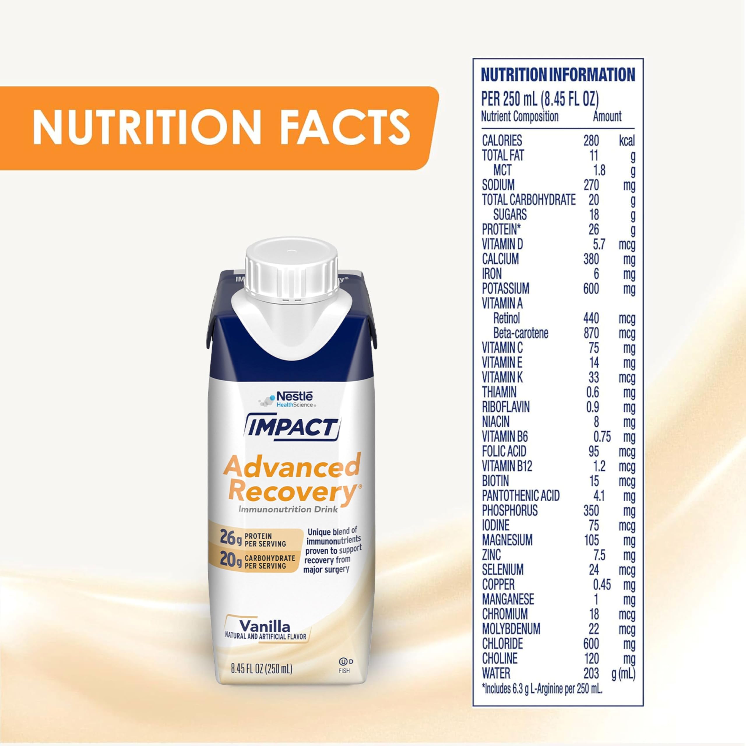 IMPACT Advanced Recovery Drink, Pre & Post Surgery Nutritional Drink, Surgery Recovery and Immune Support (280 Calories, 26g Protein), Vanilla, 8.45 Fl Oz, Pack of 10