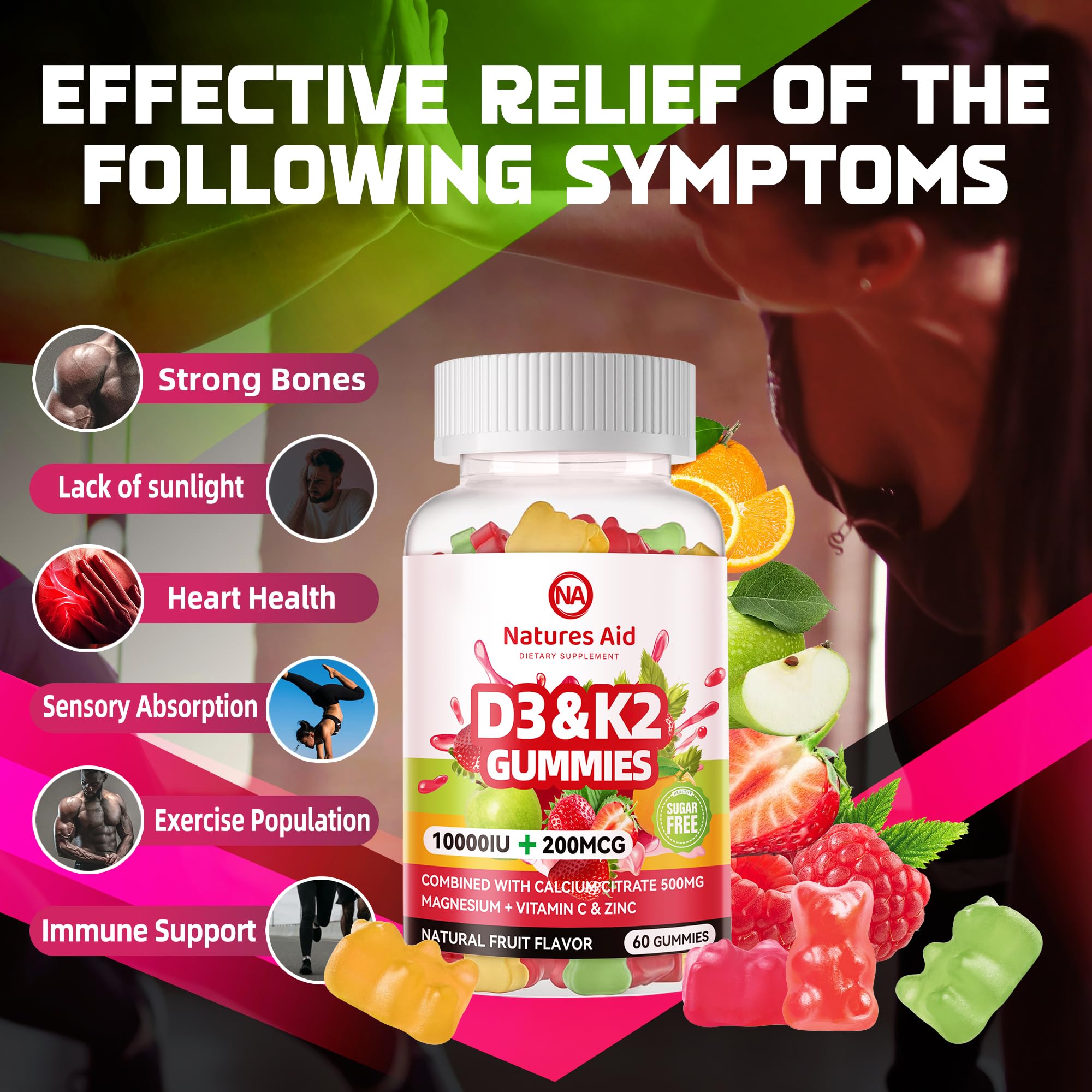 Natures aid Sugar-Free Vitamin D3 K2 Gummies with Calcium + K2 (MK-7), Magnesium Citrate, Vitamin C, Extra Strength - Ultimate Absorption for Bone Muscle Teeth Immune, Vegan - 120 Gummies
