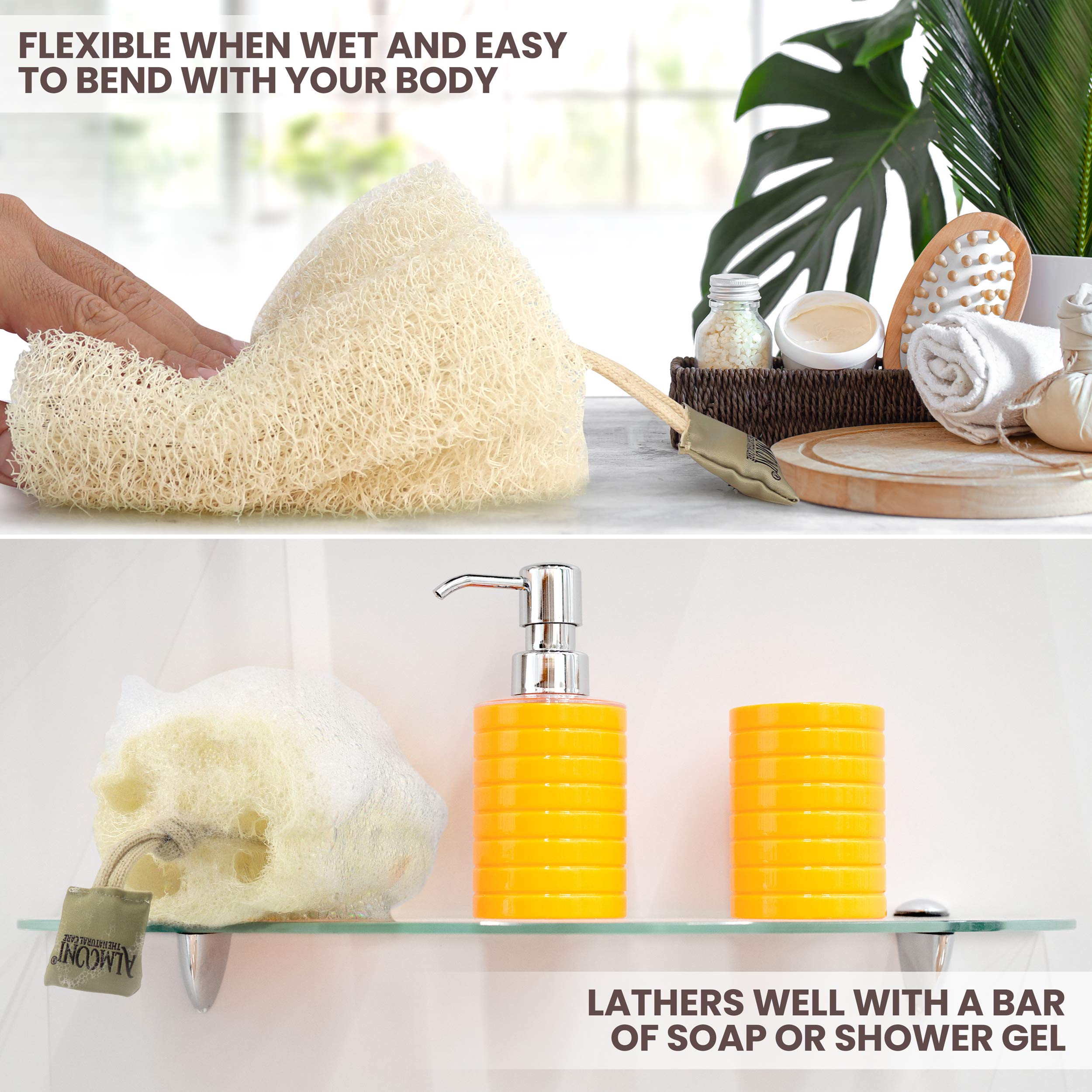 ALMOONI Natural Loofah Body Scrubber, Egyptian Loofah Sponge, 3 Count | Natural Egyptian Loofah Sponge, Round Shape Shower Sponge for Face & Body, Men & Women, Gentle Exfoliation, Large Size