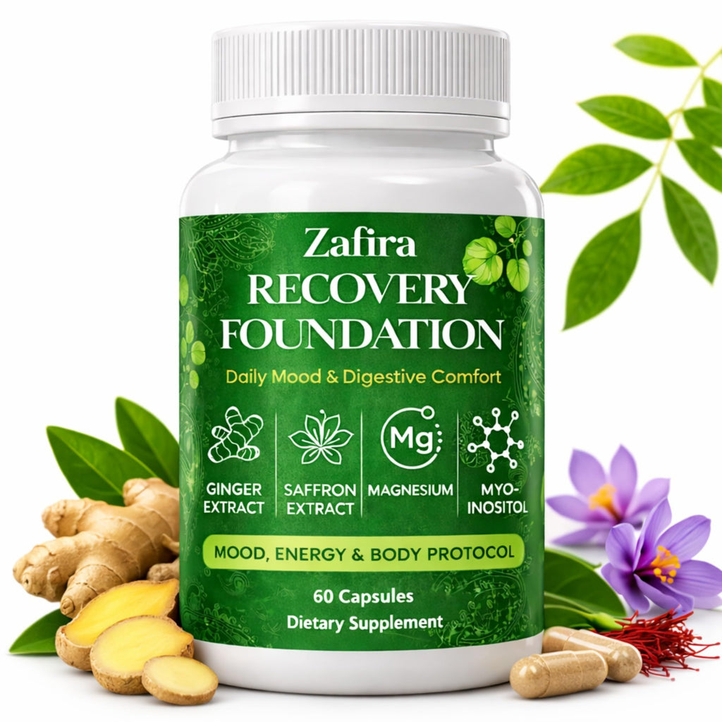 Zafira Organics Recovery Foundation Capsules – Mental Clarity, Hair & Mood Support, Natural Herbal Formula with Saffron Extract, Ginger Extract, L-Theanine, Myo-Inositol, Non-GMO, 60 Capsules