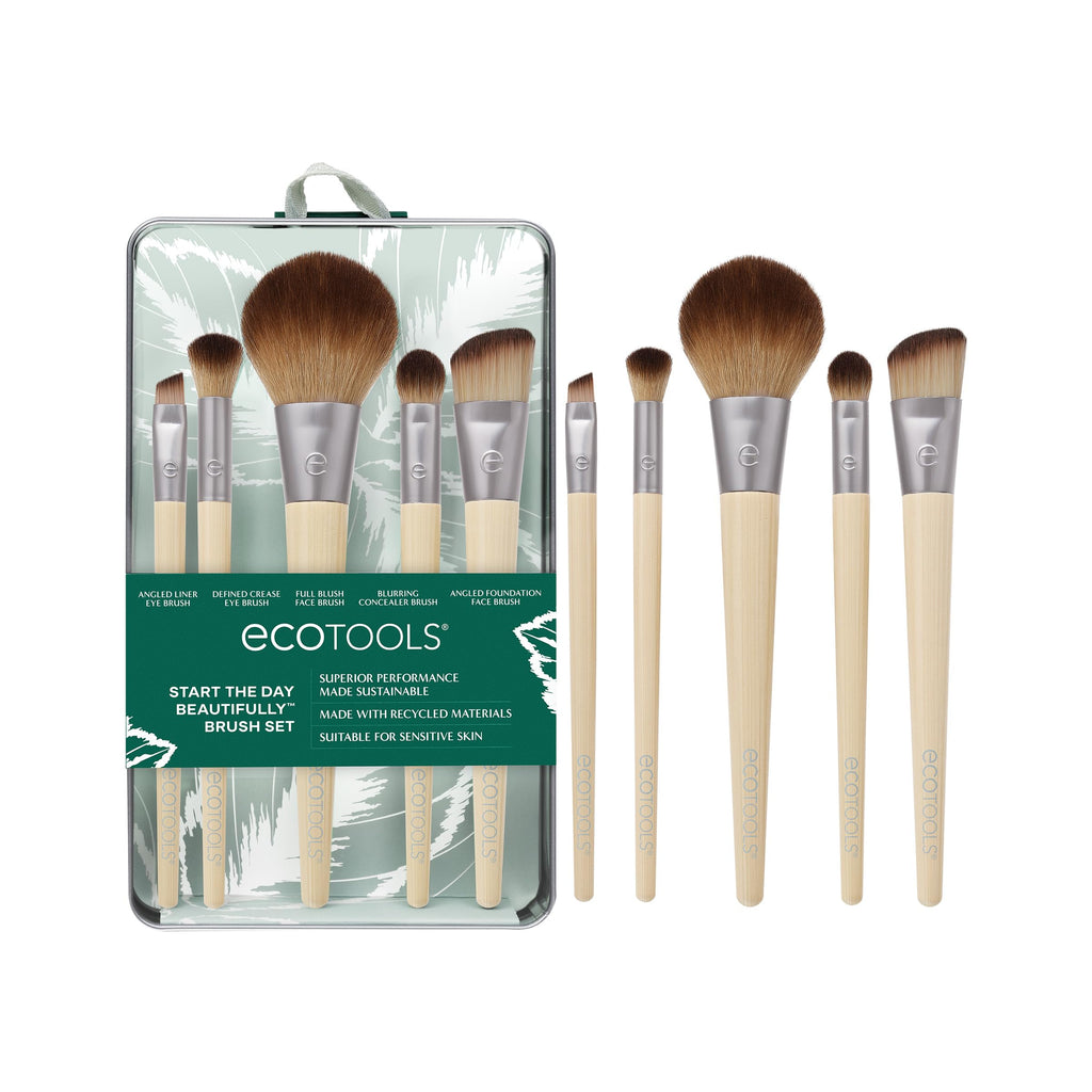EcoTools 6 Piece Start the Day Beautifully Makeup Brush Set | Natural face and eye look, makeup brush kit for liquid cream or powder, bamboo makeup brushes, storage tin