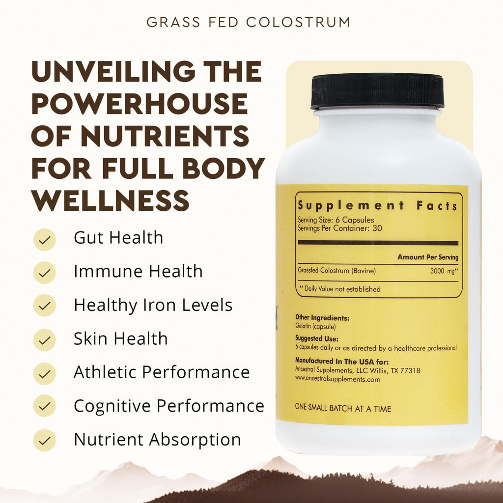 Ancestral Supplements Grass Fed Beef Colostrum Supplement, 3000mg, 180 Ct | Bovine colostrum capsules support immune health, gut health, athletic performance and healthy iron levels.