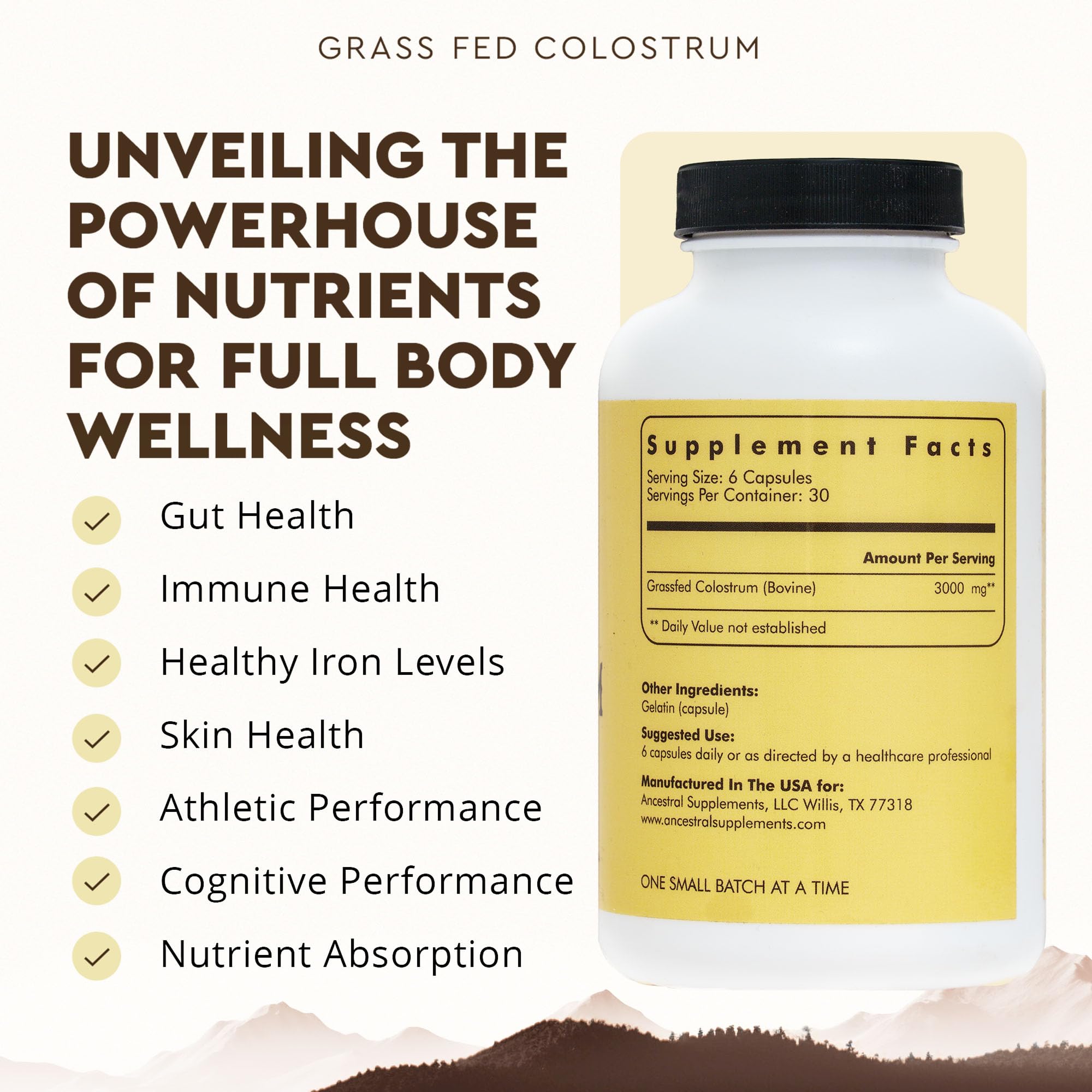 Ancestral Supplements Grass Fed Beef Colostrum Supplement, 3000mg, 180 Ct | Bovine colostrum capsules support immune health, gut health, athletic performance and healthy iron levels.