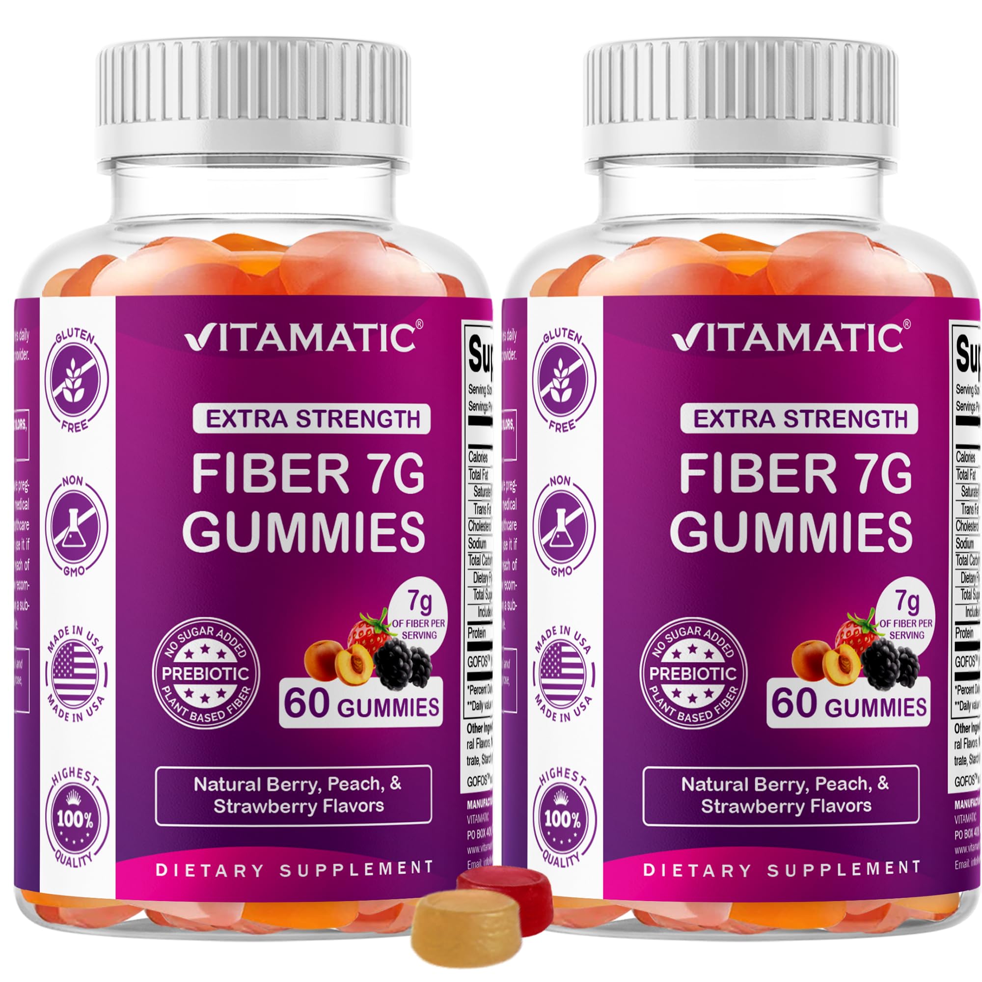 Vitamatic Prebiotic Fiber Gummies for Adults – 7g Fiber per Serving – 60 Pectin-Based Gummies Extra Strength, Zero Sugar Added – Supports Digestive Health & Regularity – Non-GMO, Vegan, Gluten-Free
