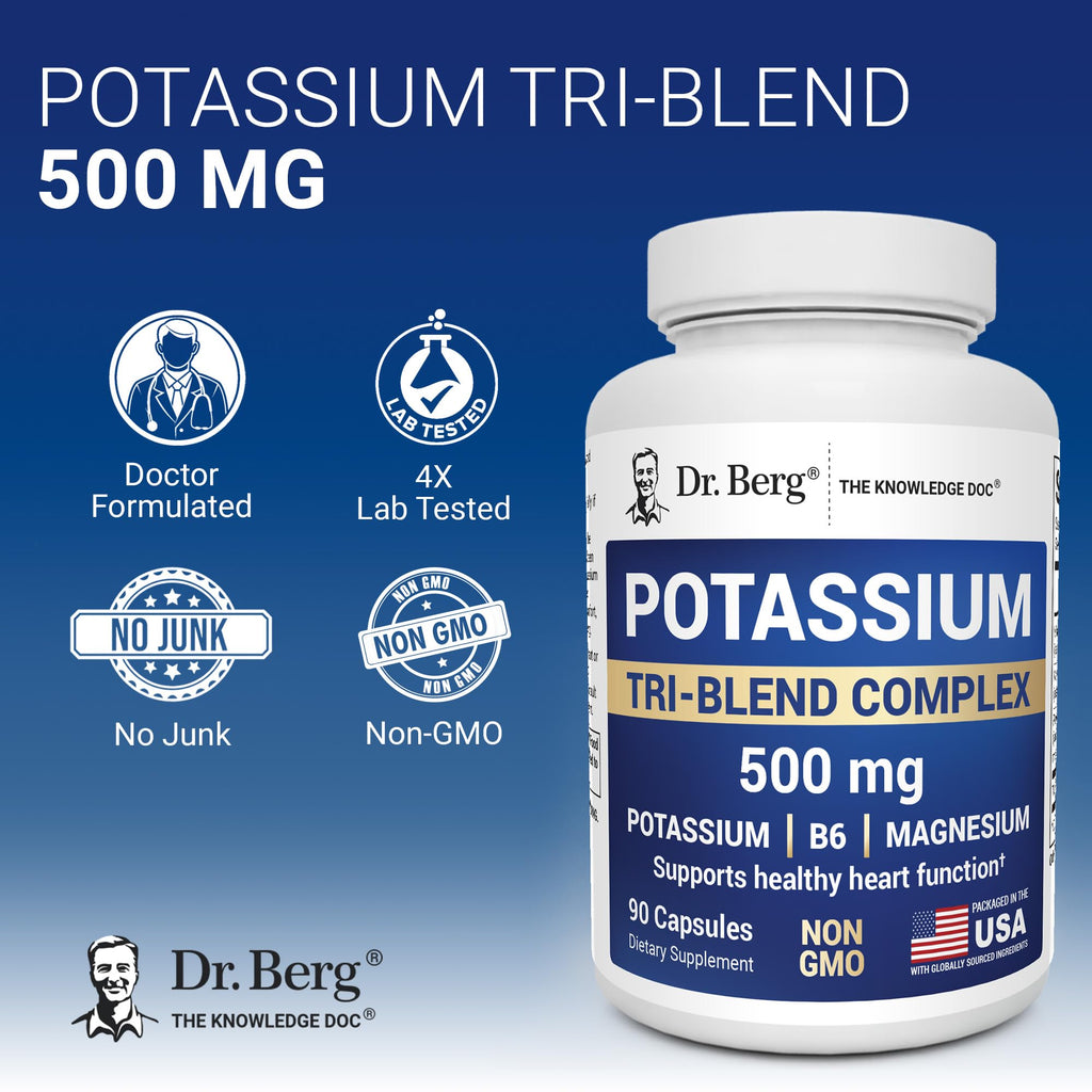 Dr. Berg Potassium Tri-Blend Complex – 500 mg Potassium Supplement for Muscle & Nerve Support* – Maximum Strength Potassium Formula w/Magnesium, B6 & Taurine – 90 Capsules