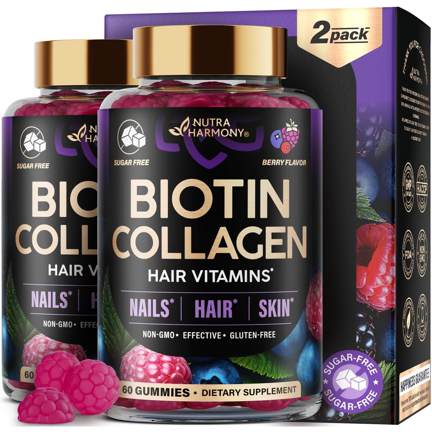 Biotin Gummies for Hair Growth Support - for Women & Men - Berry, Pack of 2 | Biotin 10000mcg, Collagen, Keratin, Hyaluronic Acid, B-Complex, Saw Palmetto - Hair, Skin & Nail Strengt Support - Sugar-Free