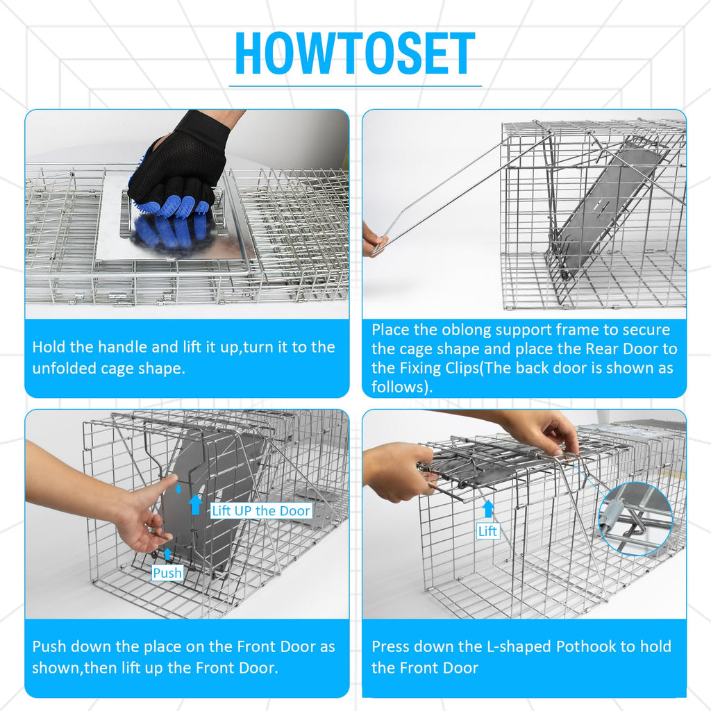 SZHLUX 32" Live Animal Cage Trap, Heavy Duty Folding Raccoon Traps, Humane Cat Trap for Stray Cats, Raccoons, Squirrel, Skunk, Mole, Groundhog, Armadillo, Rabbit, Catch and Release